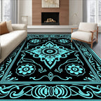Ornate Floral Medallion Black Turquoise Rug