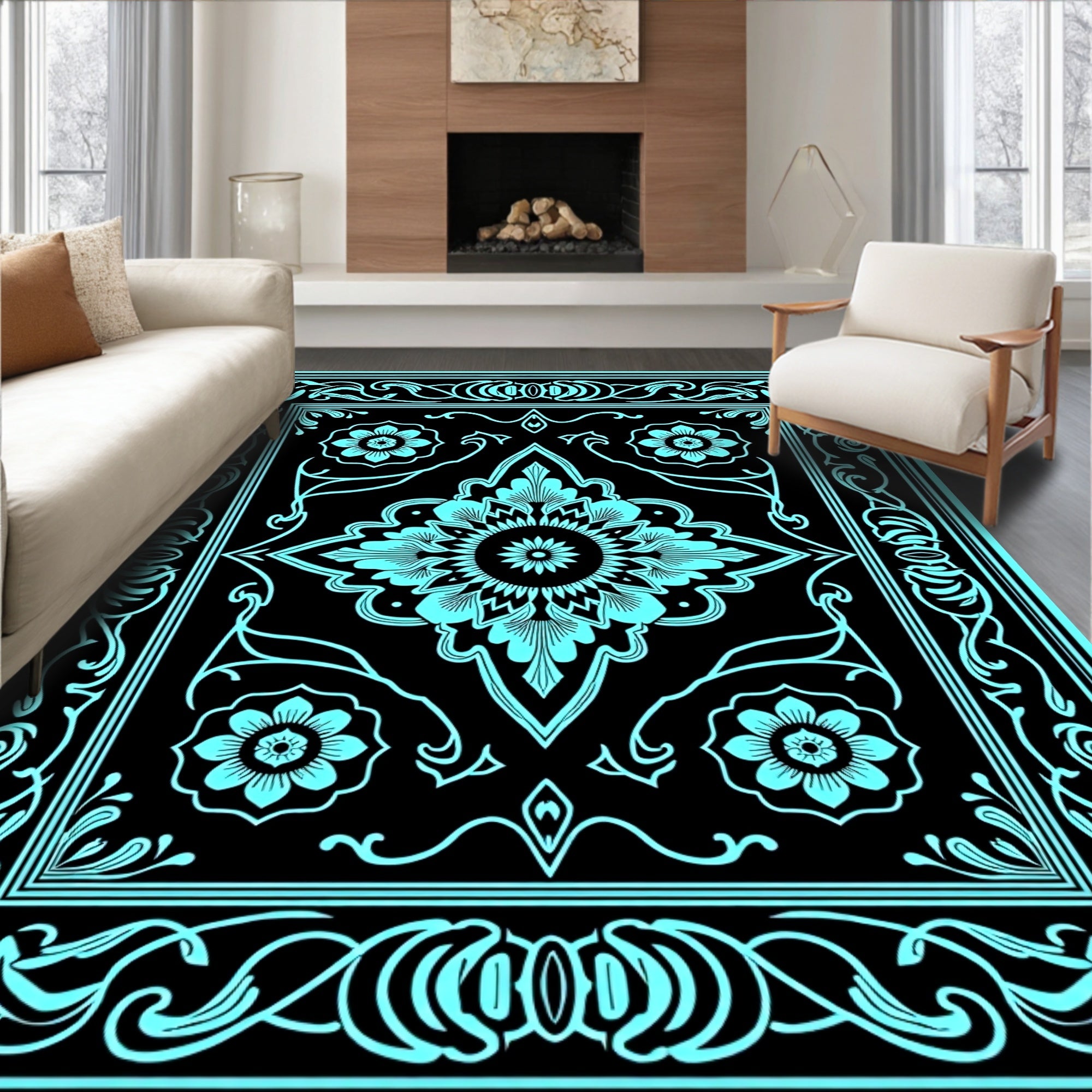 Ornate Floral Medallion Black Turquoise Rug