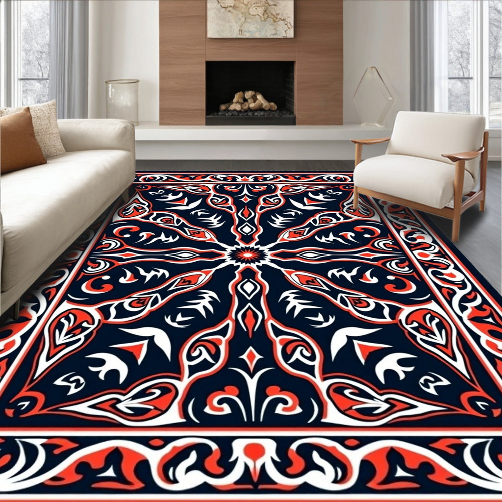 Red White Black Symmetrical Floral Pattern Rug