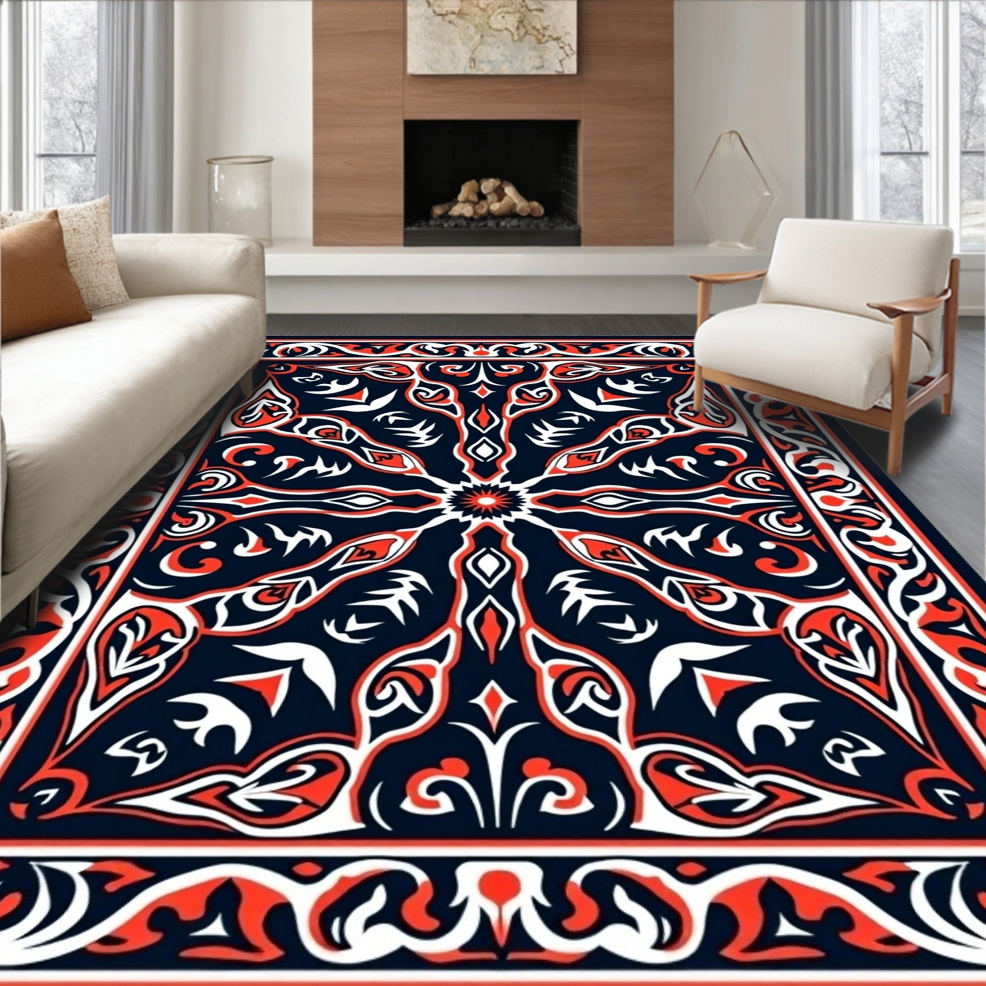Red White Black Symmetrical Floral Pattern Rug