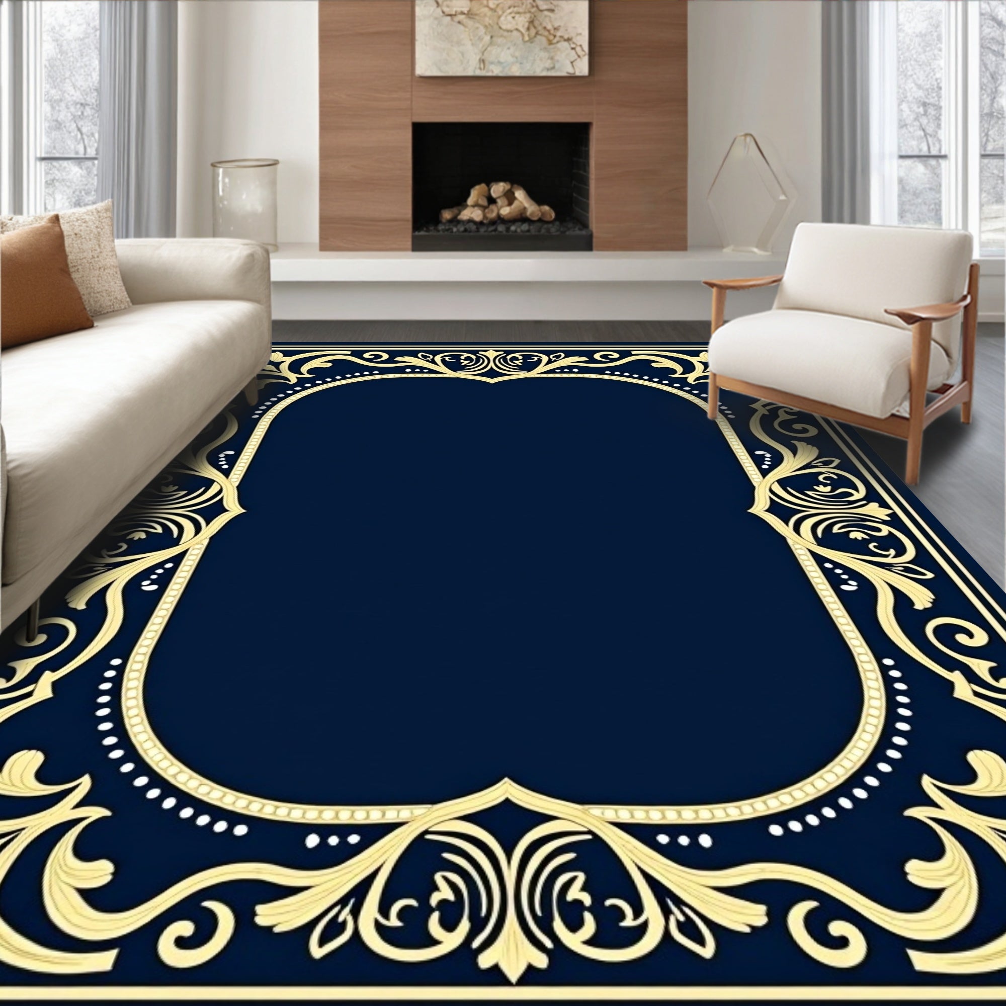 Ornate Floral Scrollwork Border Rug