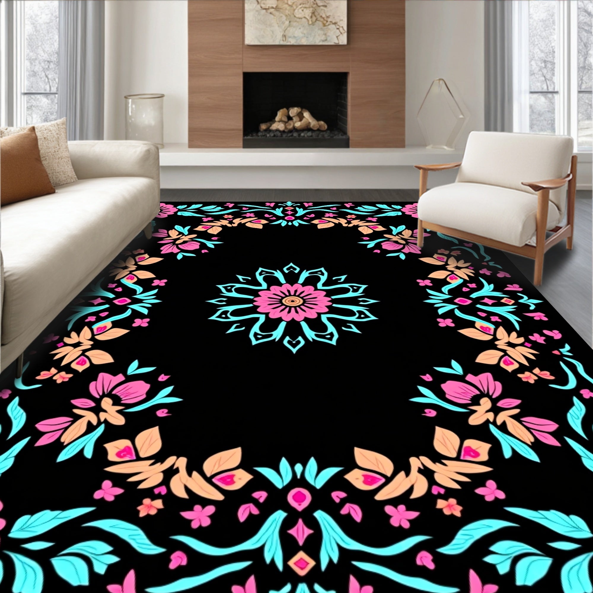 Floral Medallion Border Design Rug