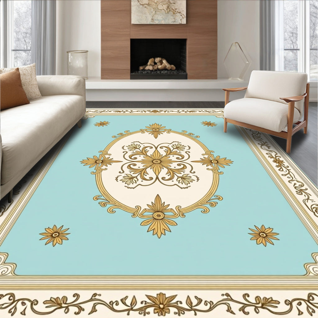 Ornate Gold Floral Ivory Turquoise Rug