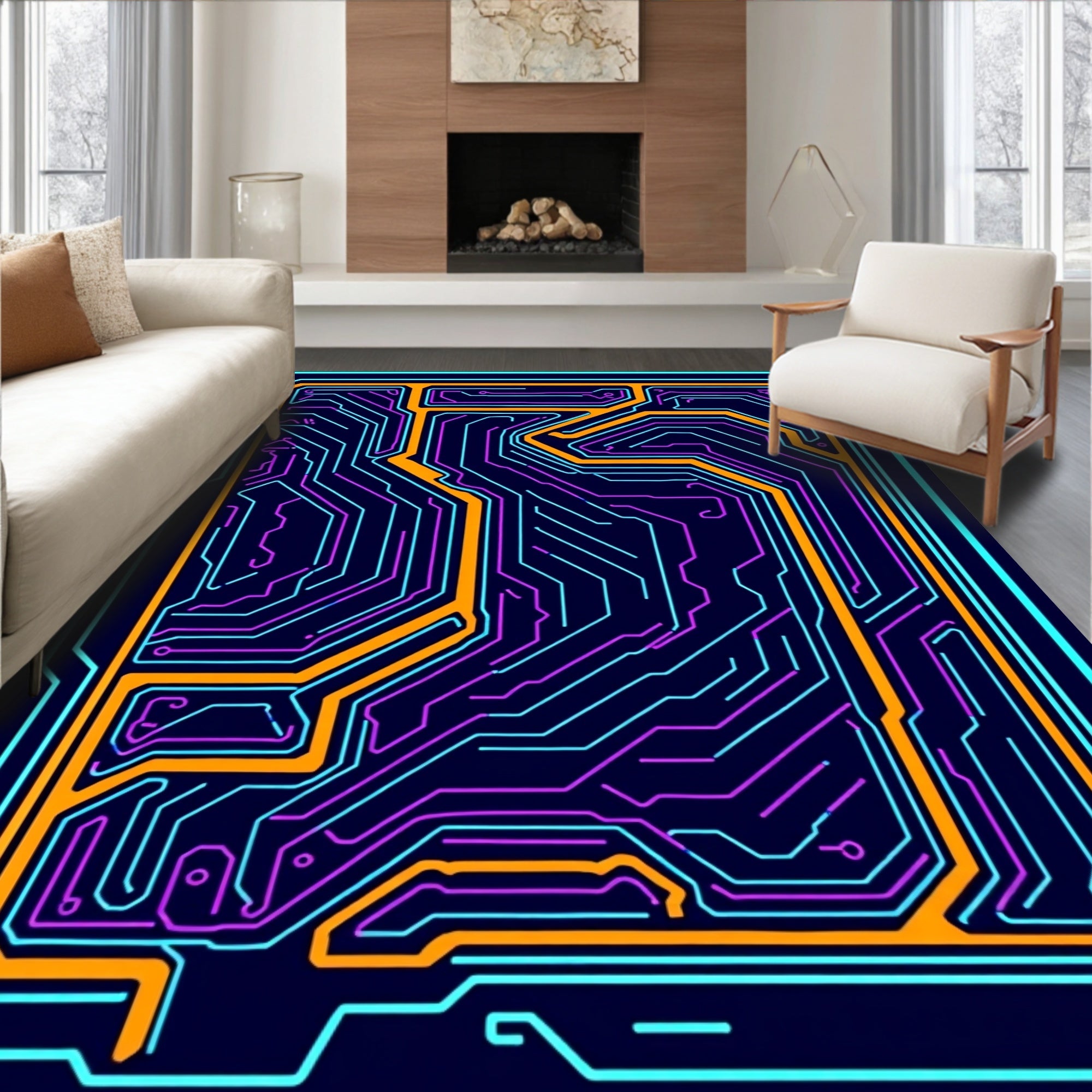 Circuit Board Pattern With Neon Lines Rug