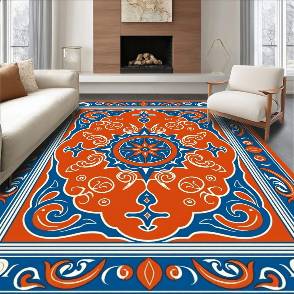 Orange Blue Floral Medallion Pattern Rug