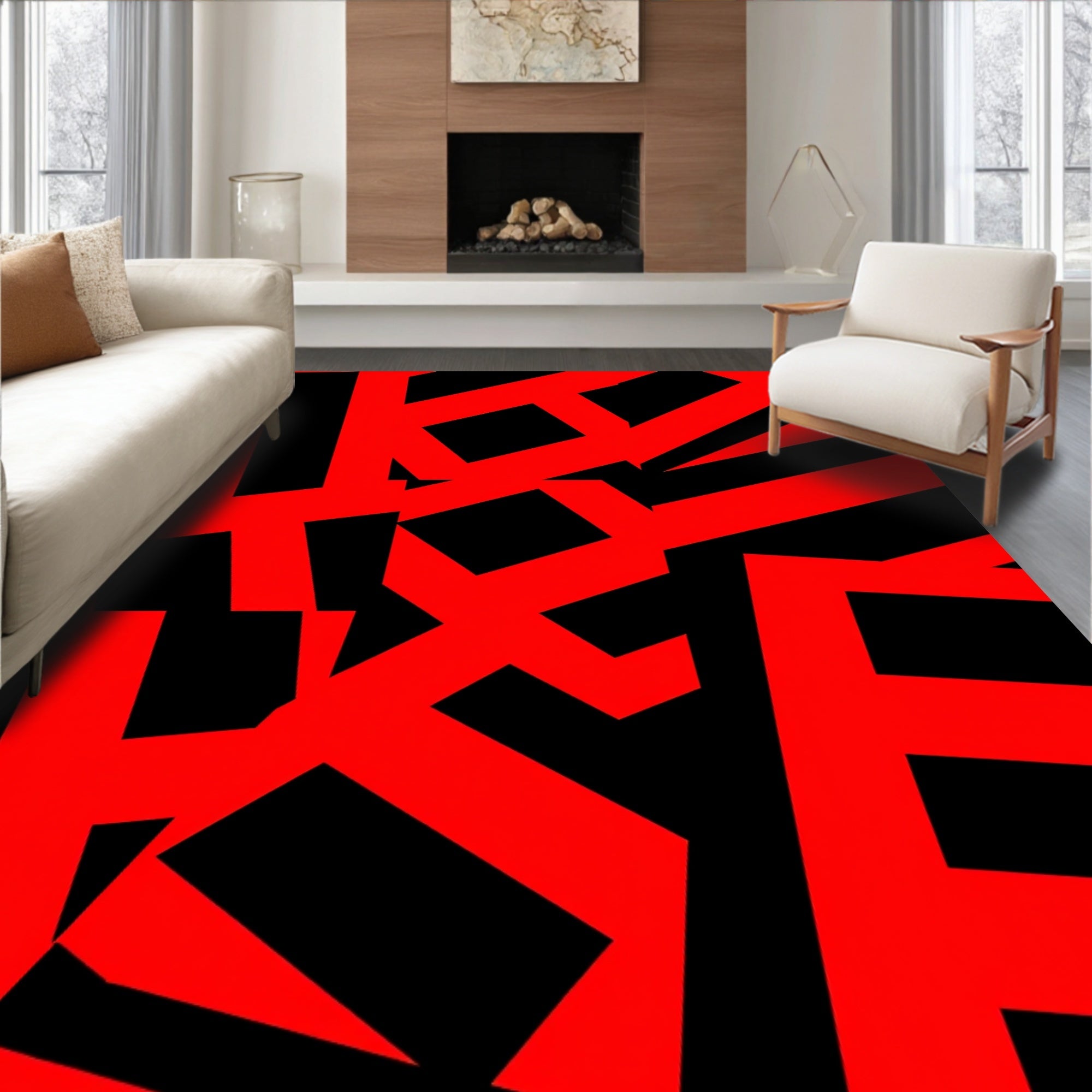 Bold Red Abstract Geometric Design Rug