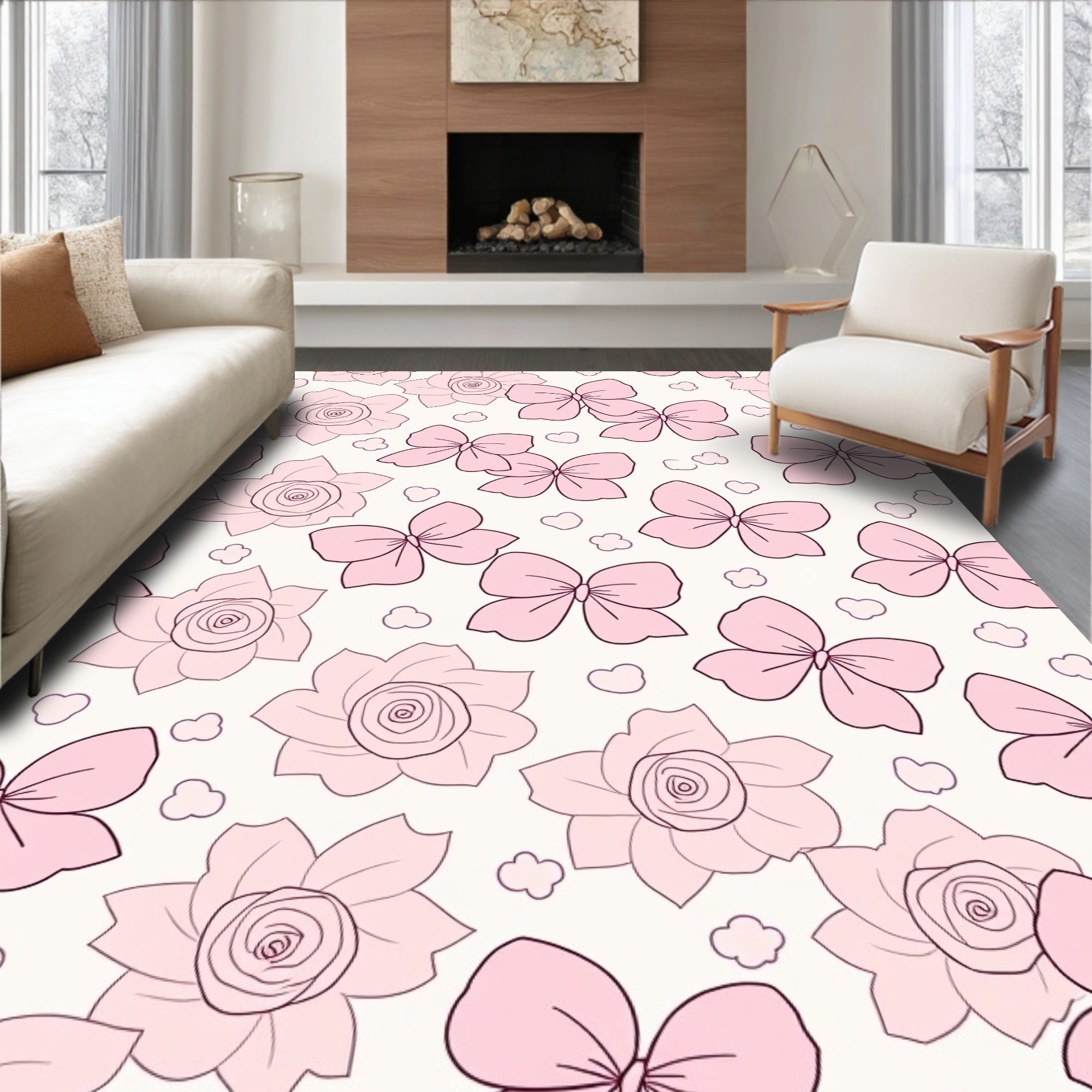 Pink Rose And Bow Pattern Rug