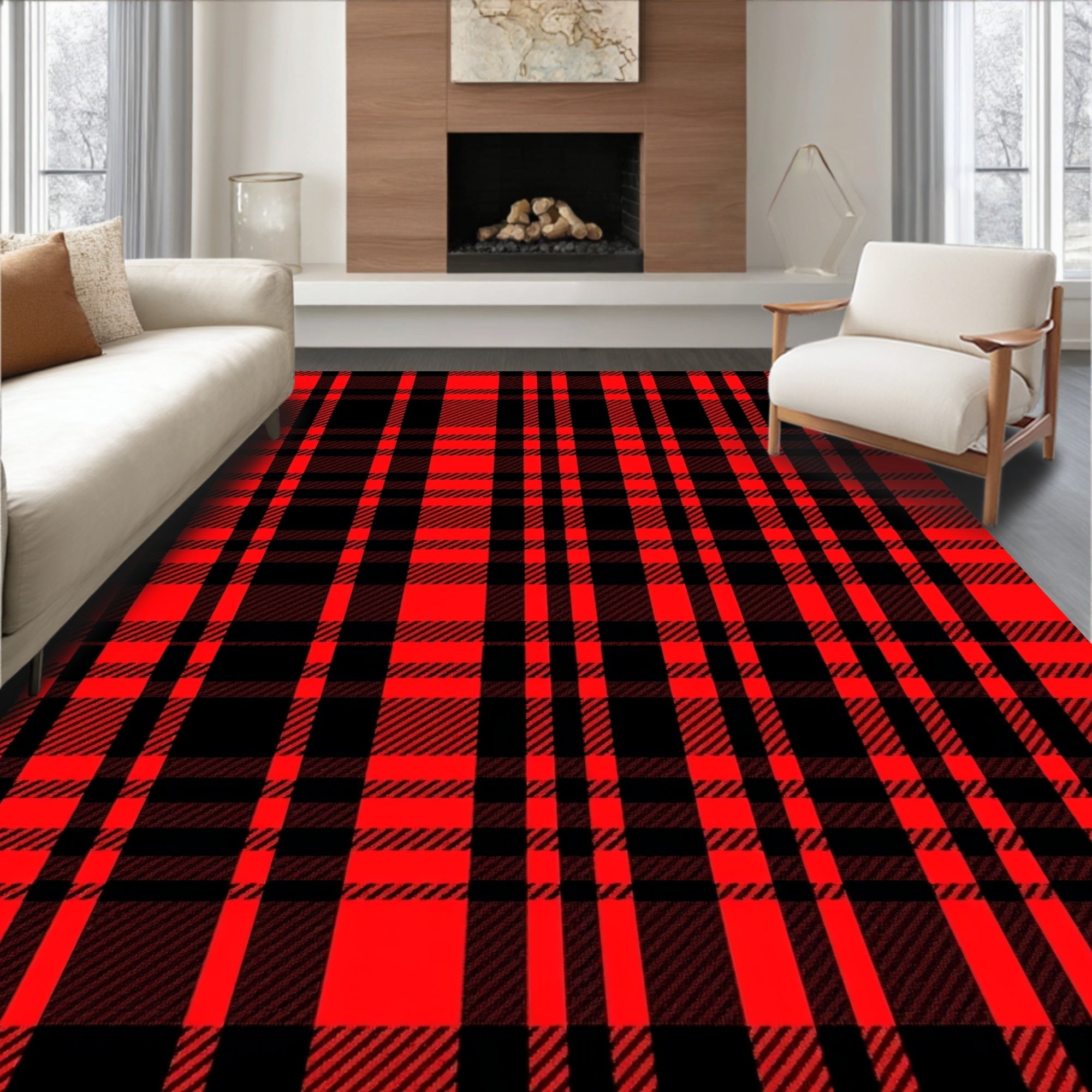 Bold Red Black Plaid Pattern Rug