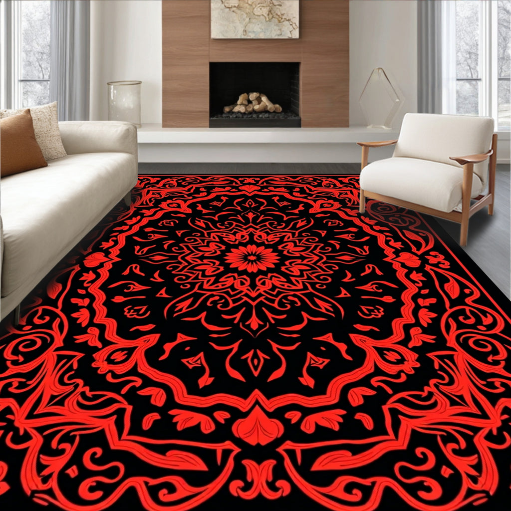 Bold Red Ornamental Mandala Design Rug