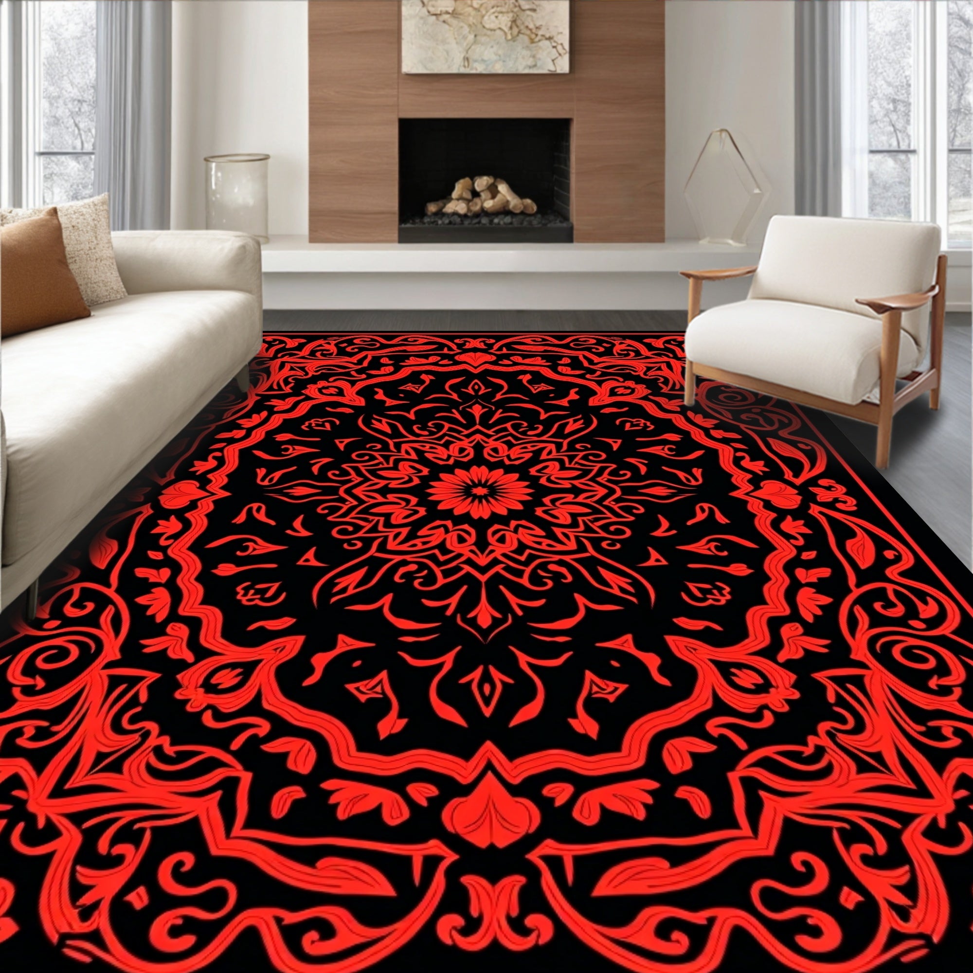 Bold Red Ornamental Mandala Design Rug