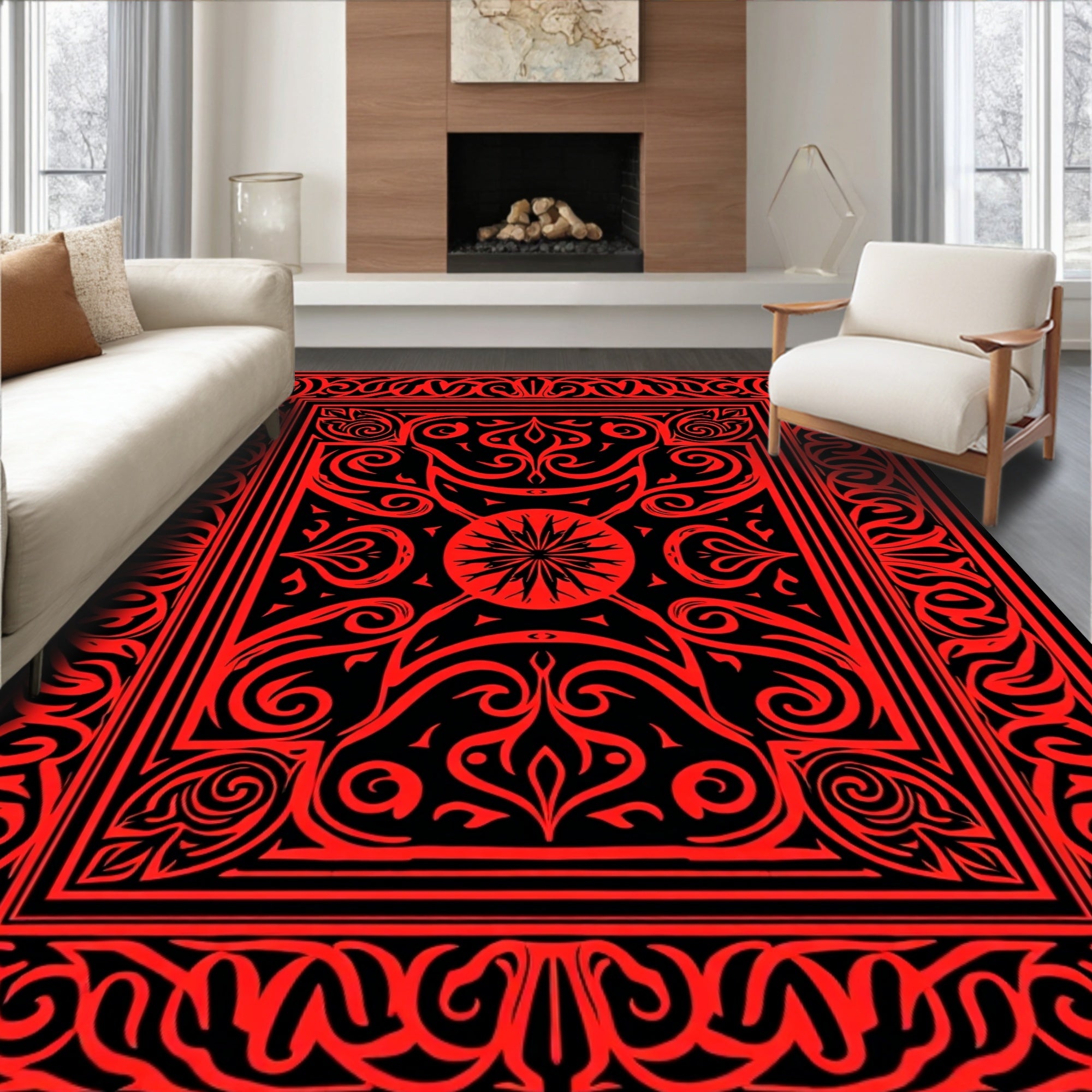 Ornate Red Black Stylized Floral Rug