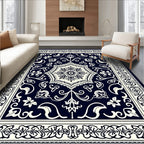 Ornate Floral Medallion Creamy Navy Rug