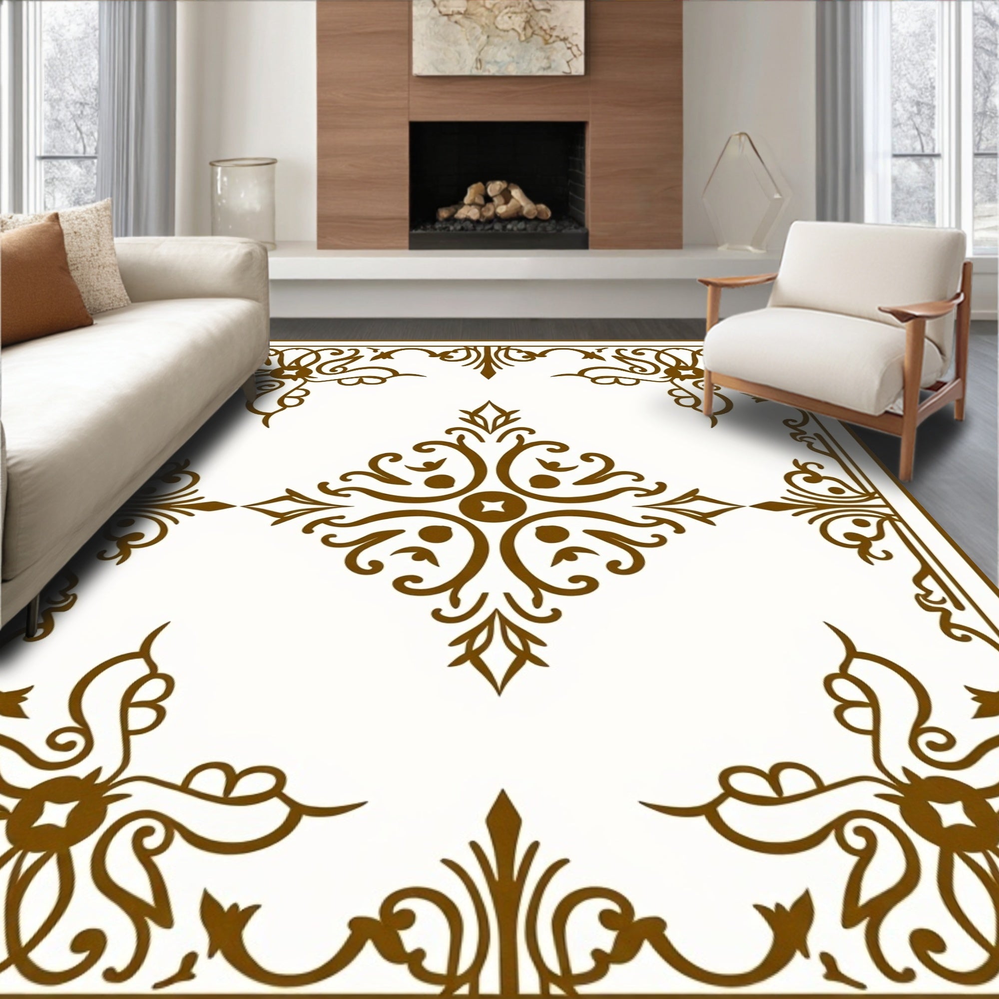 Elegant Brown Scrollwork Central Medallion Design Rug