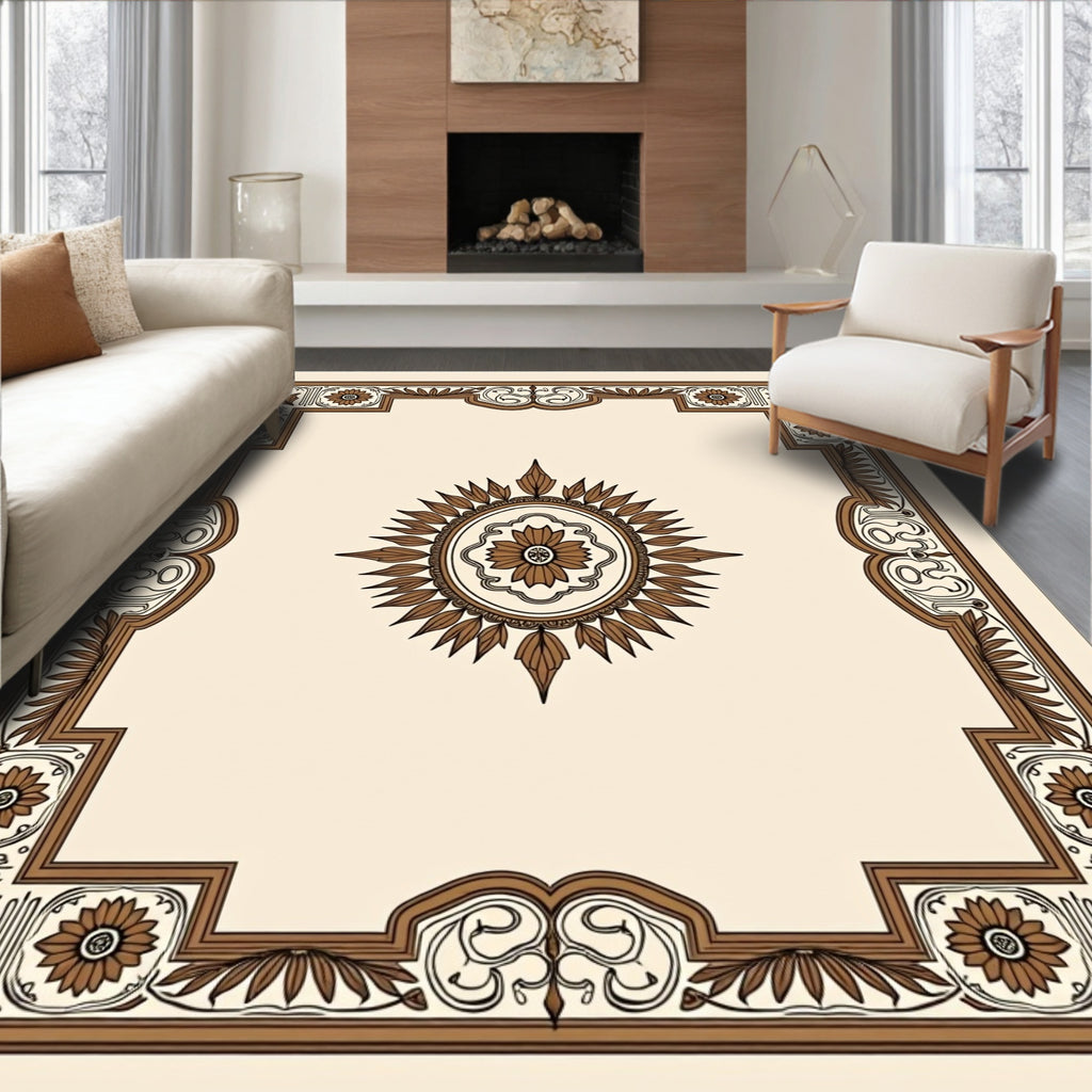 Brown Floral Medallion Geometric Border Rug