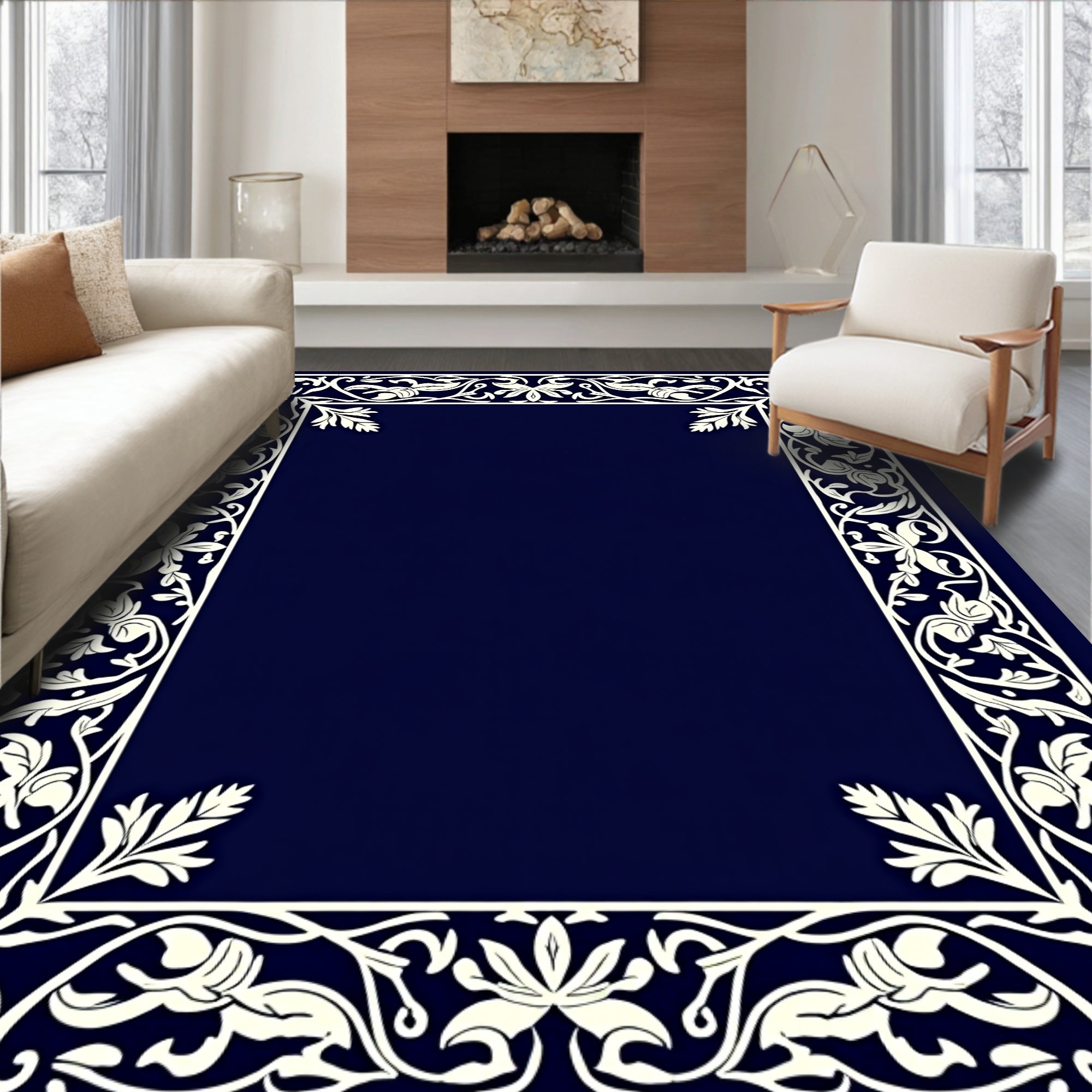 Ornate Cream Floral Border Design Rug