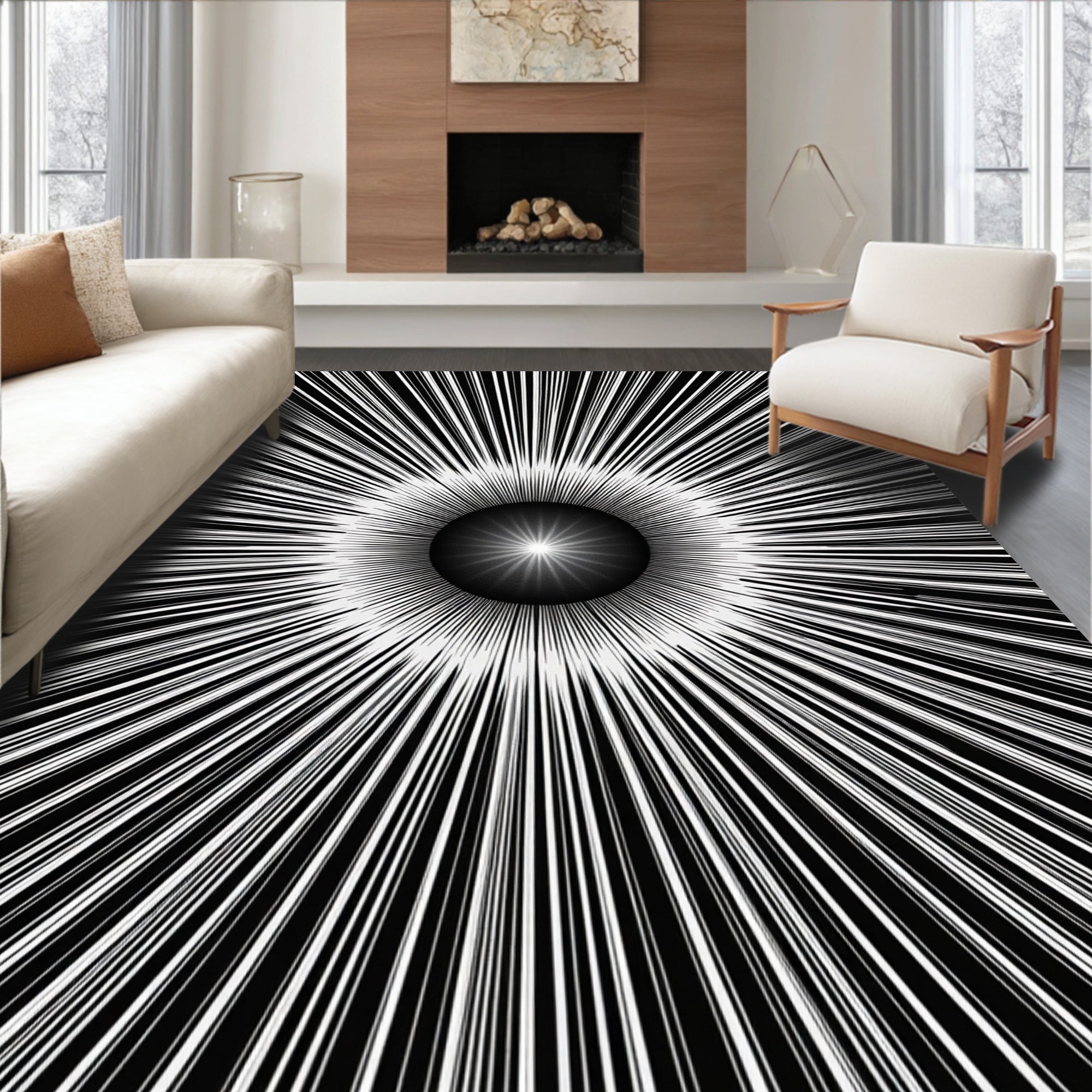 Radiant Burst Black White Design Rug