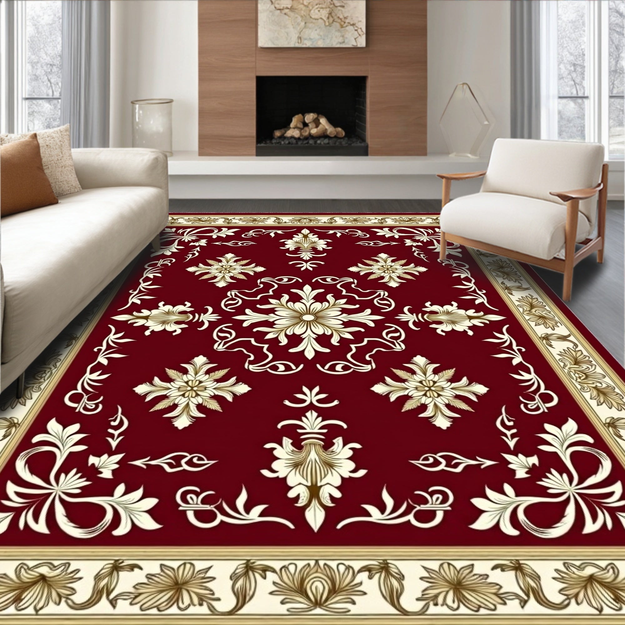 Burgundy Floral Medallion Border Rug