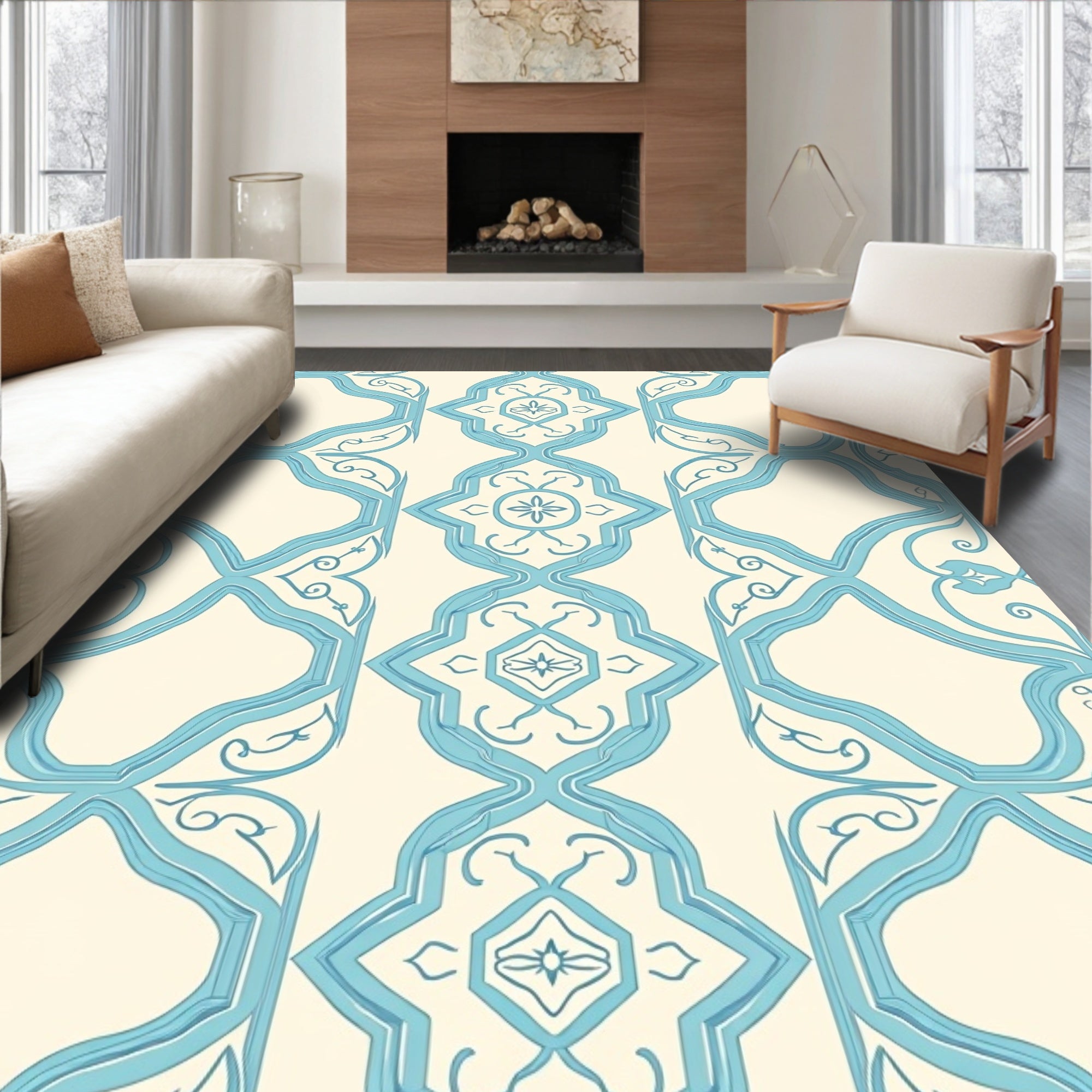 Blue Geometric Patterned Elegant Rug