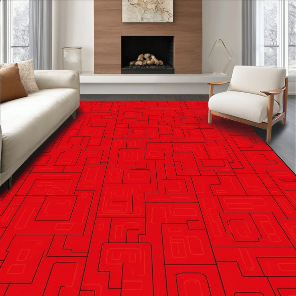 Red Geometric Maze Pattern Rug
