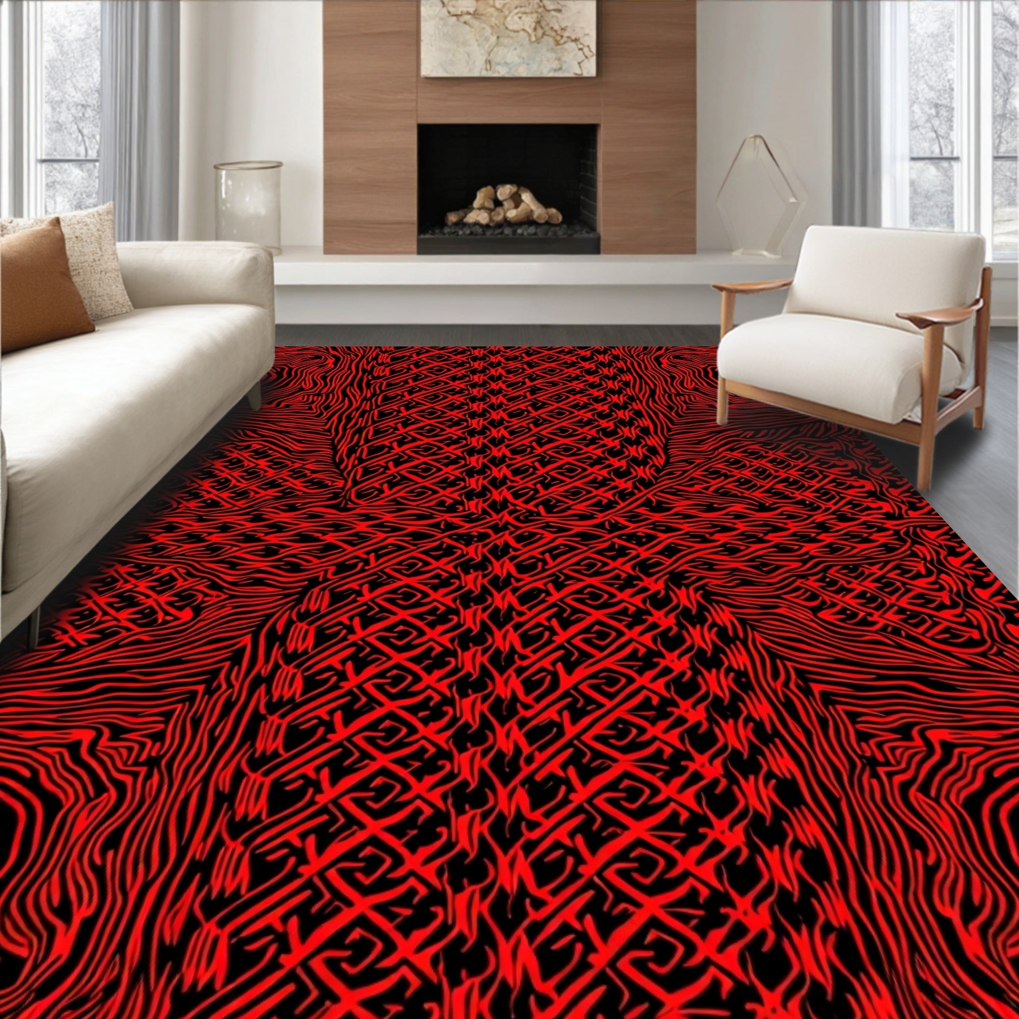 Bold Red Black Abstract Pattern Rug