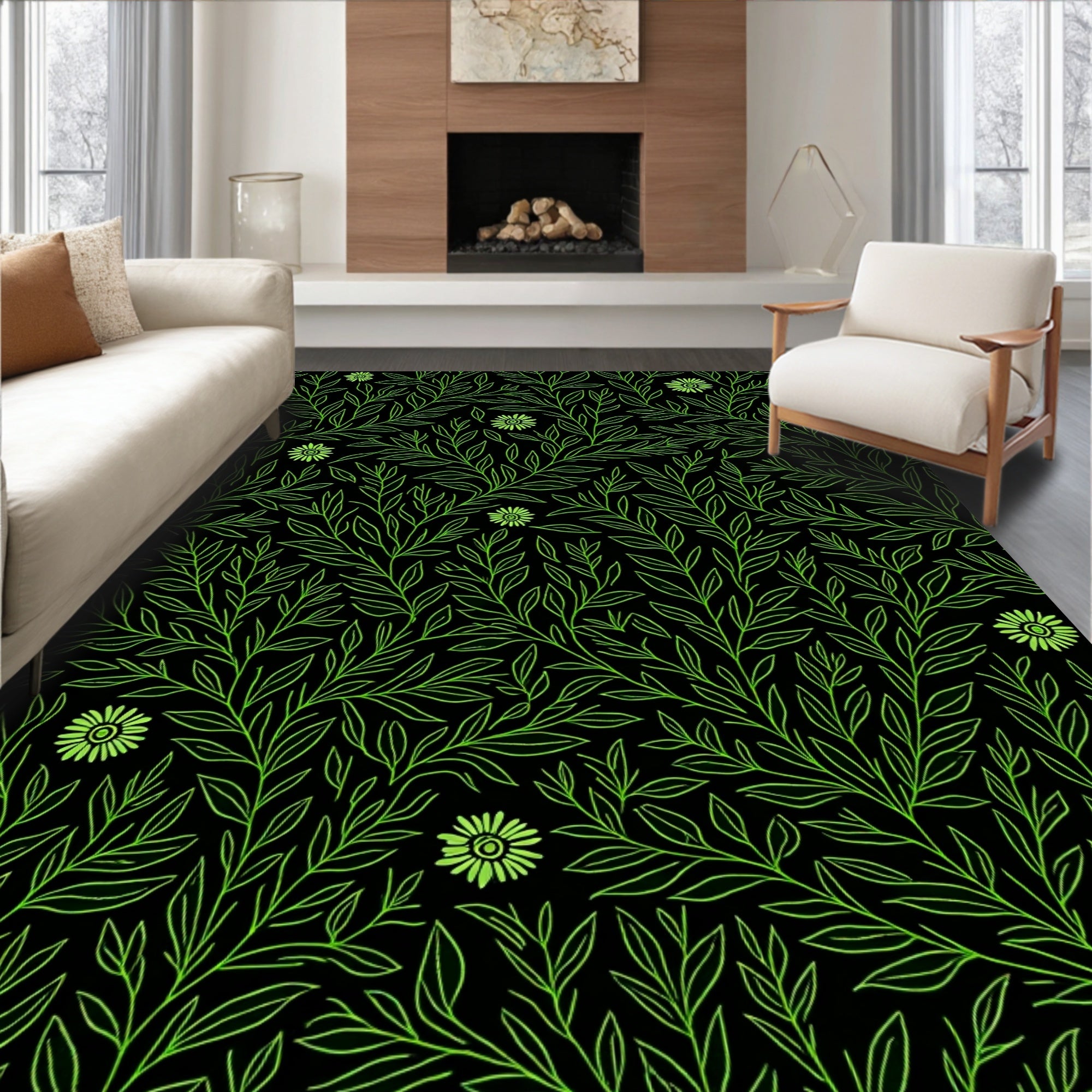 Vibrant Green Vine Floral Pattern Rug