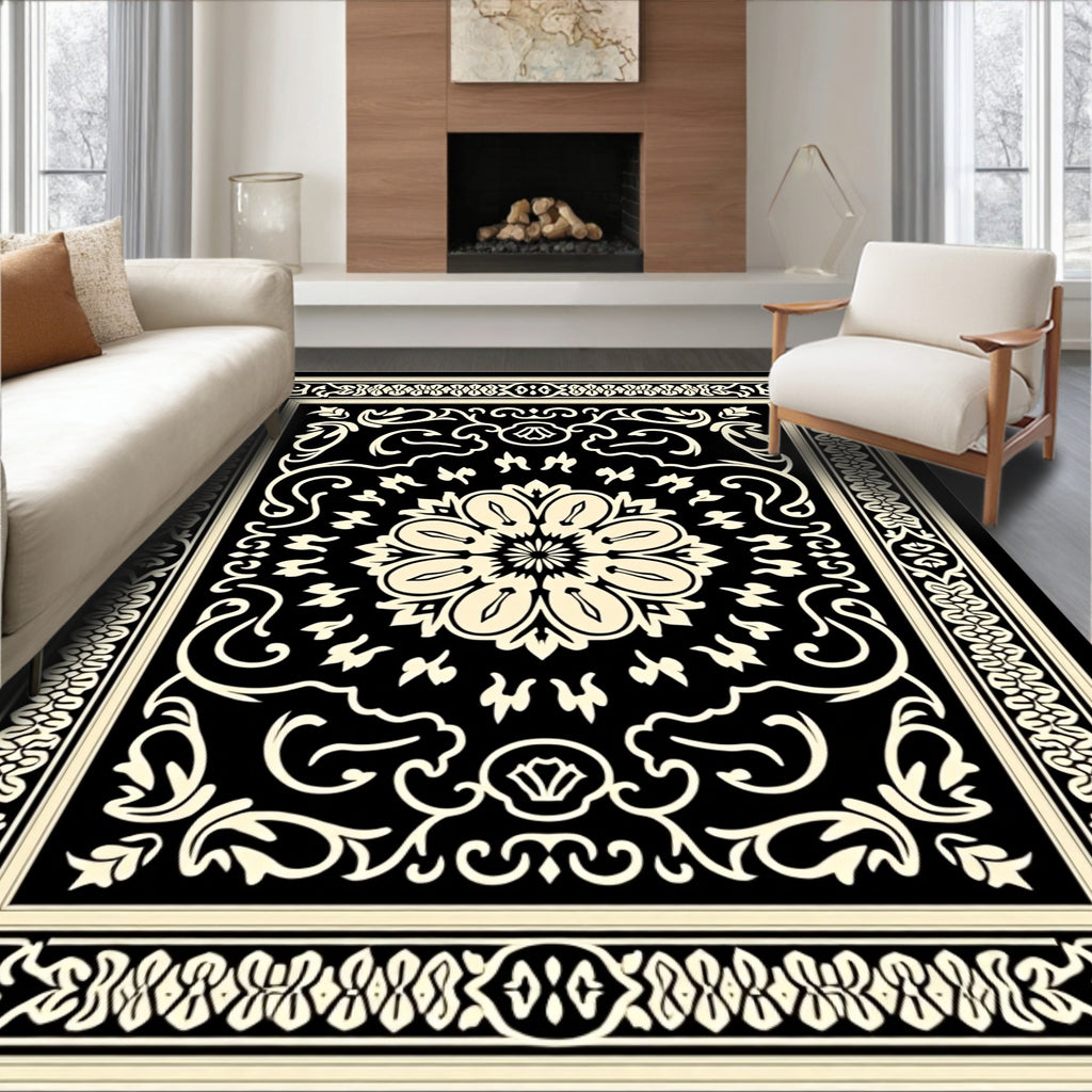 Black White Ornate Floral Rug