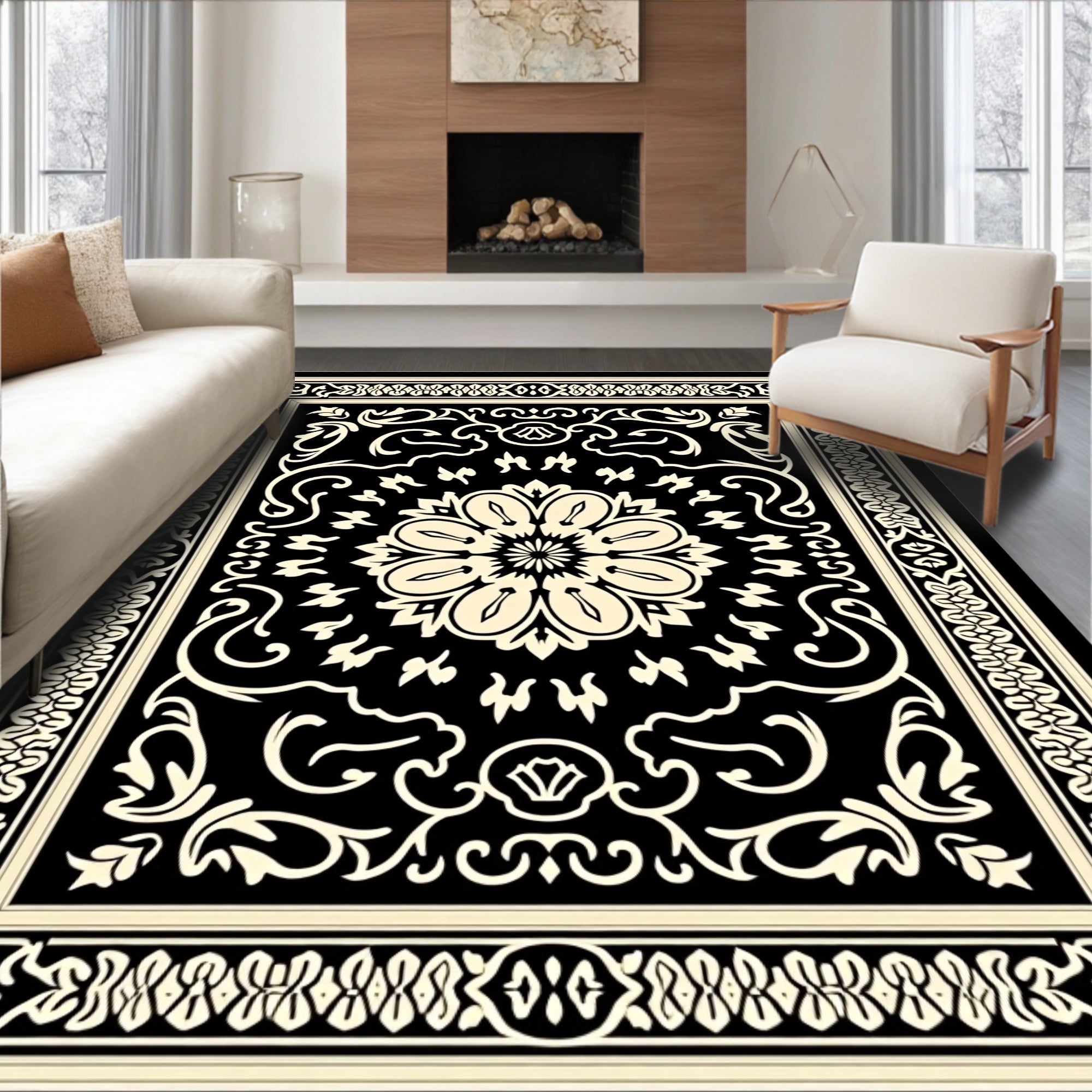 Black White Ornate Floral Rug
