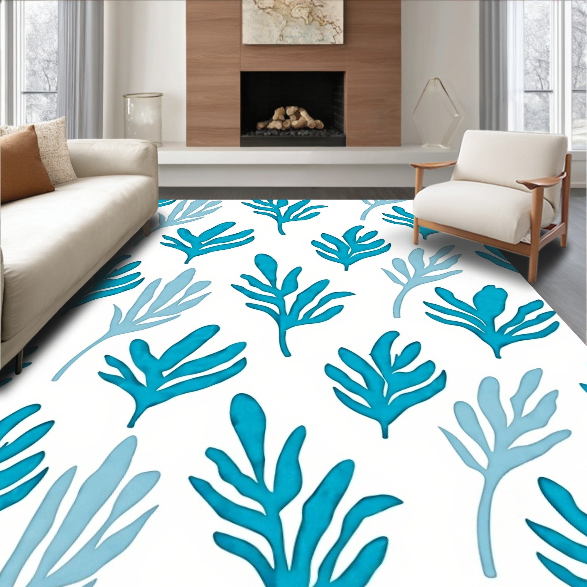 Oceanic Blue Leafy Pattern Rug
