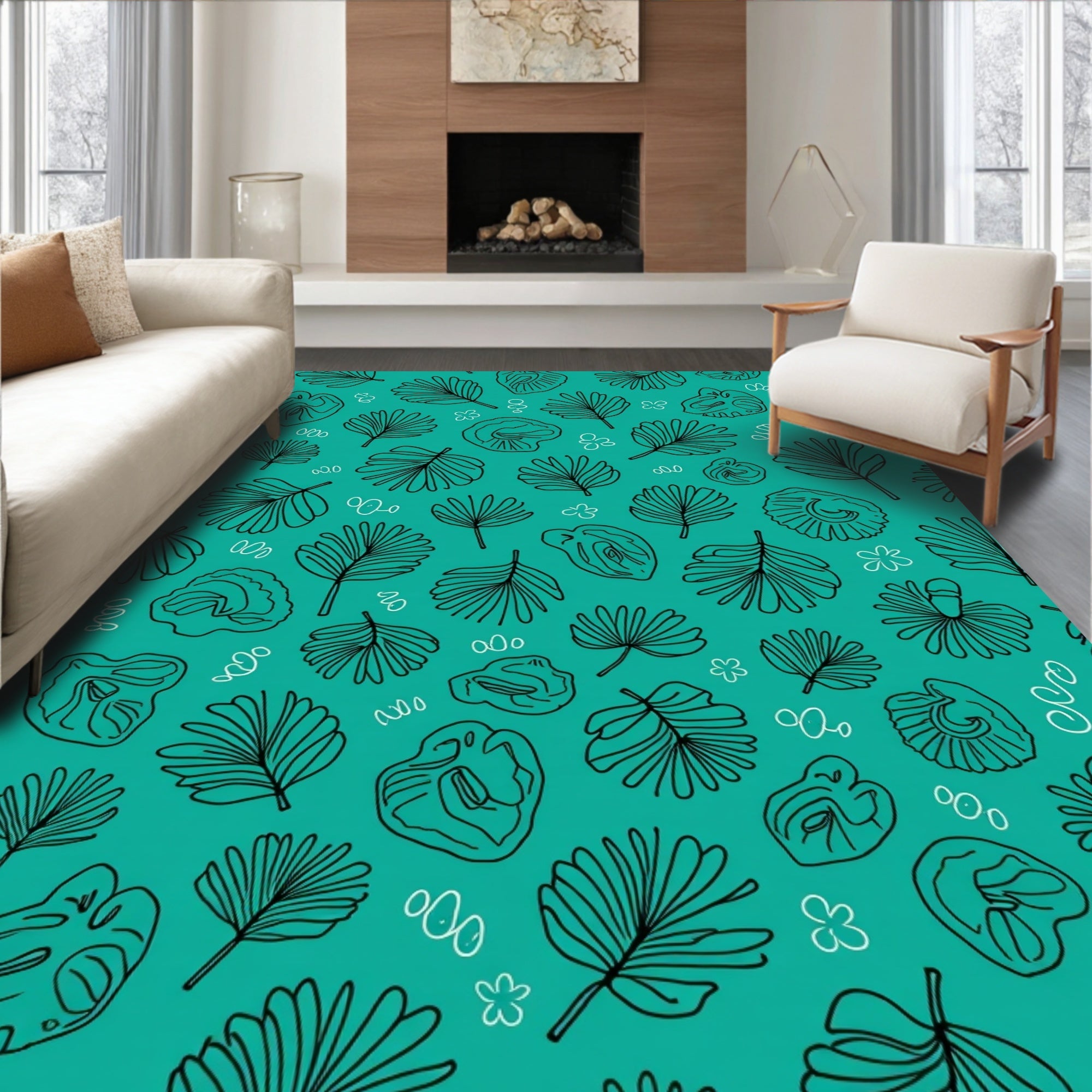 Tropical Leaf Shell Line Art Rug