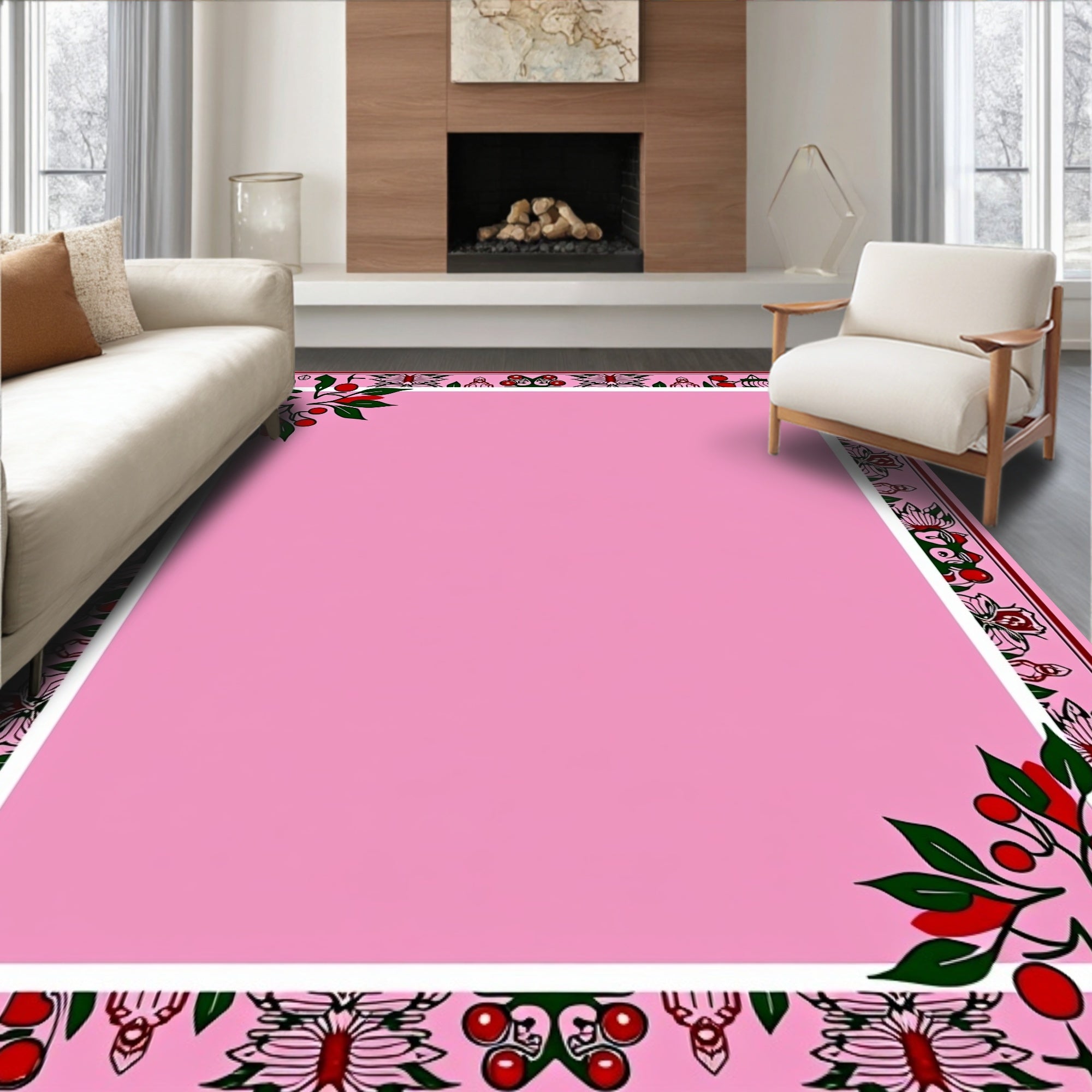 Pink Floral Berry Border Rug