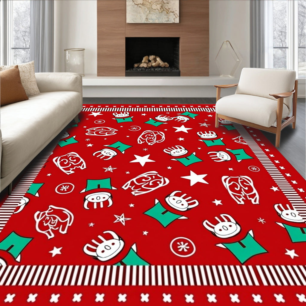 Festive Red Cartoon Character Stars Rug