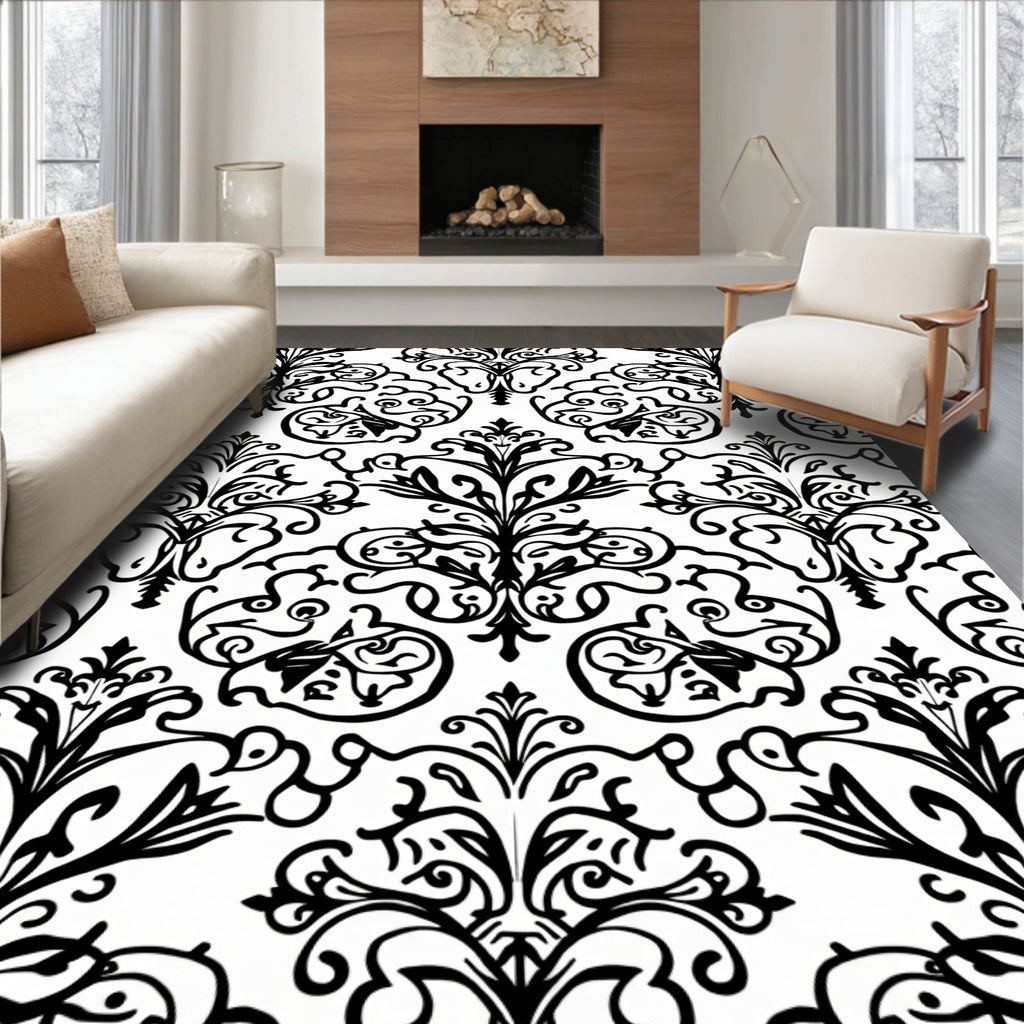 Black White Classic Floral Damask Rug