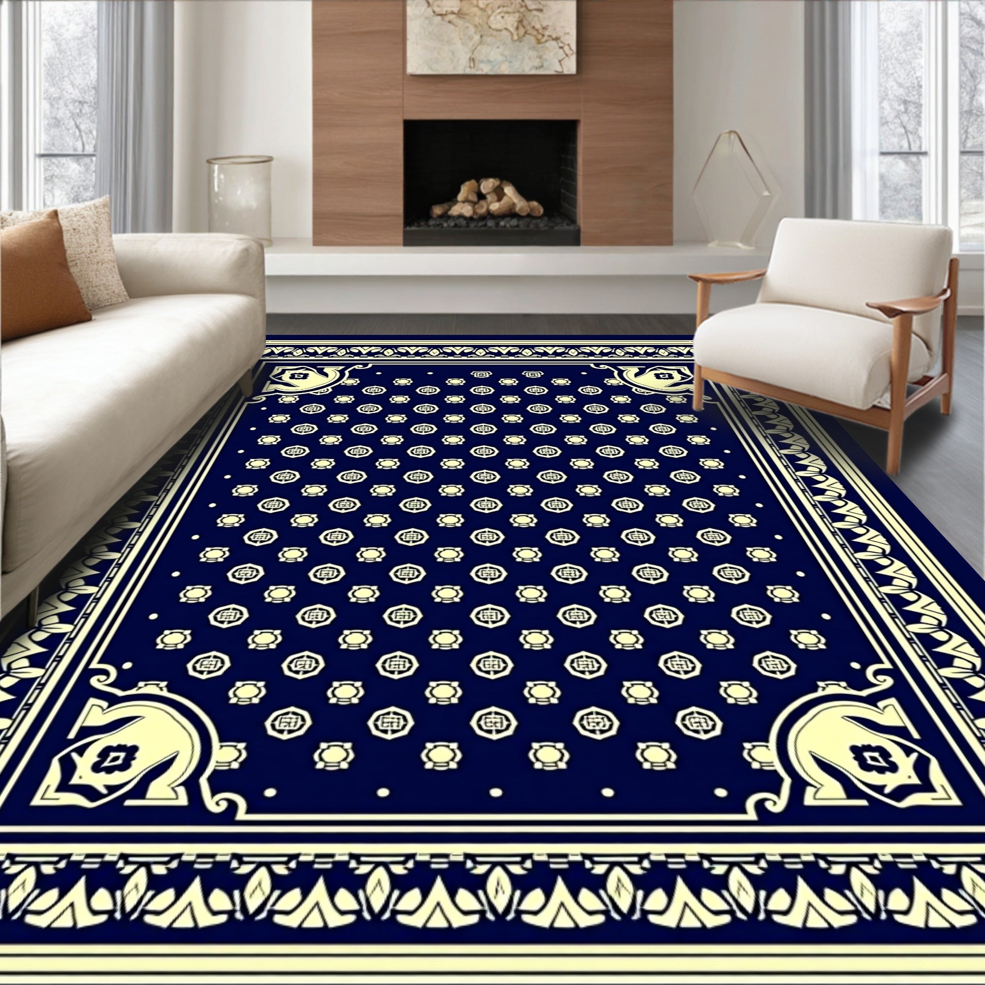 Classic Cream Navy Geometric Pattern Rug