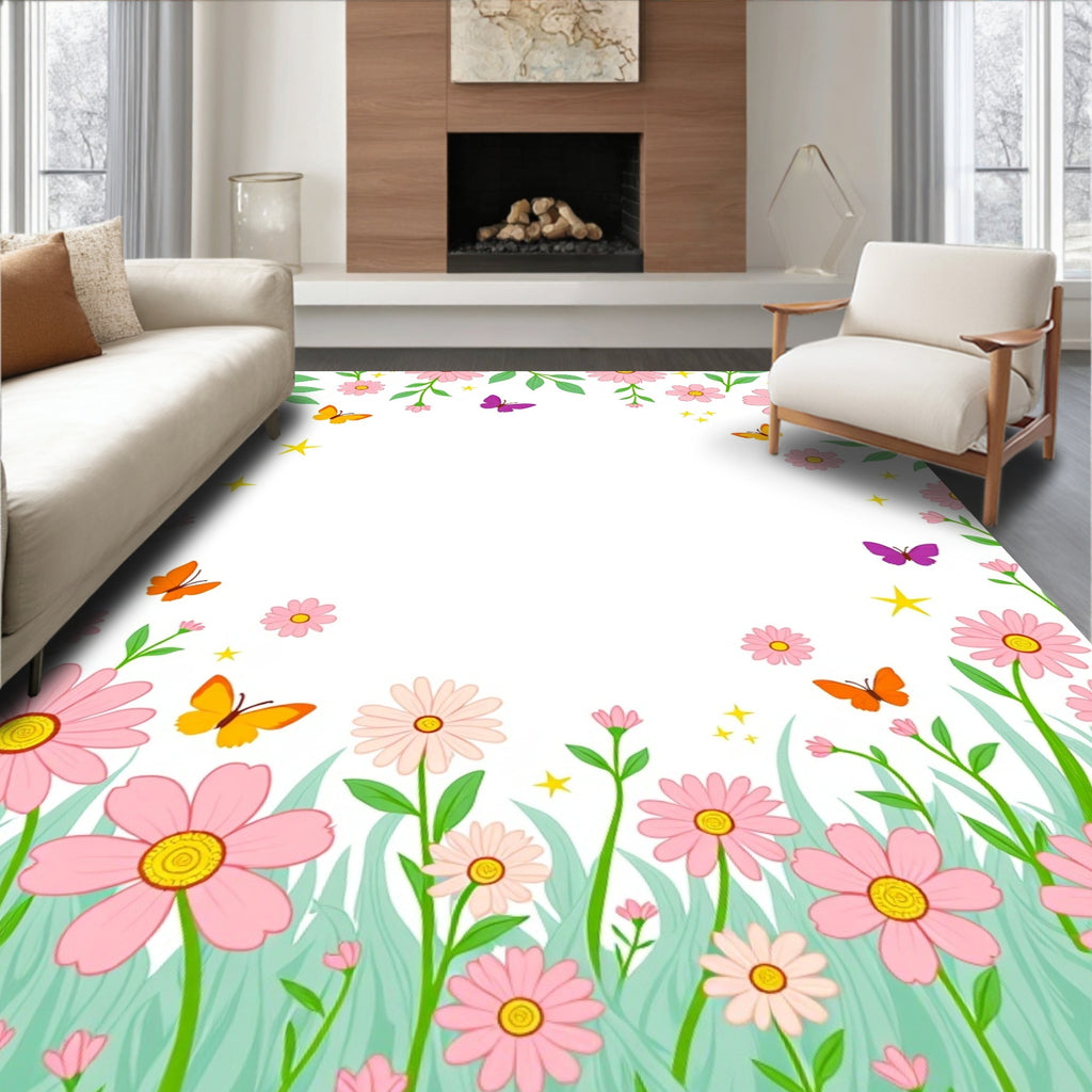 Spring Meadow Floral Butterfly Design Rug