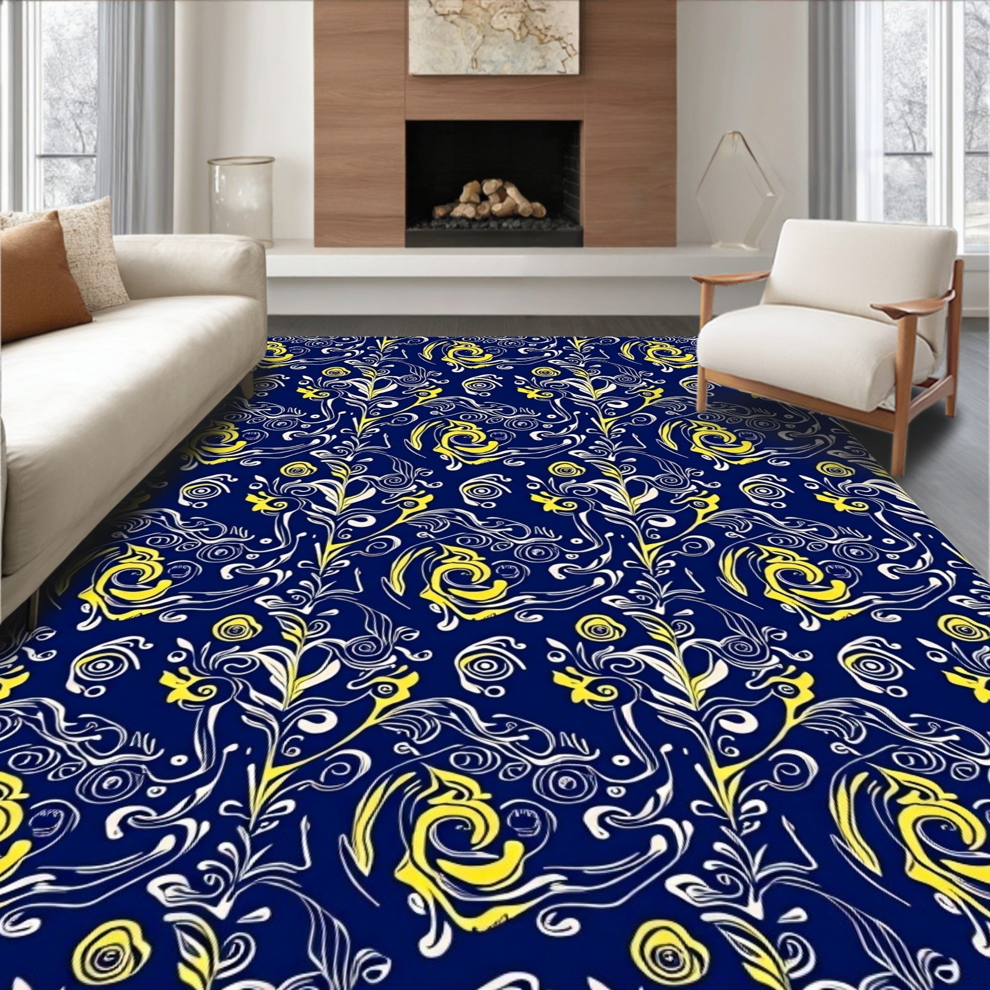 Navy Yellow Botanical Swirl Pattern Rug