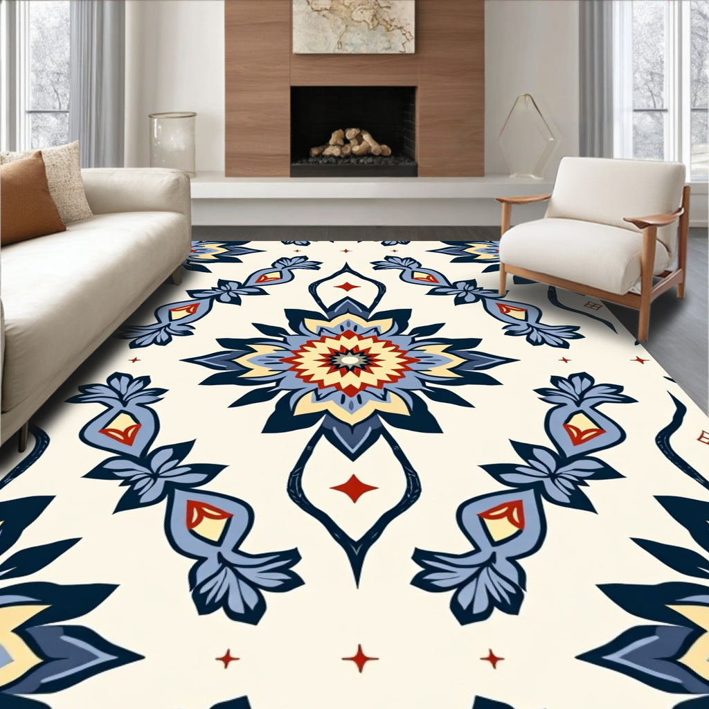 Navy Blue Red Yellow Floral Medallion Design Rug