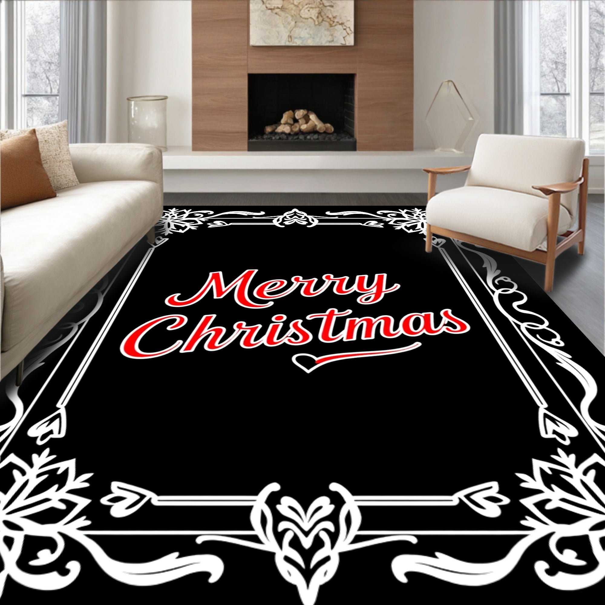 Festive Red Snowflakes Border Rug