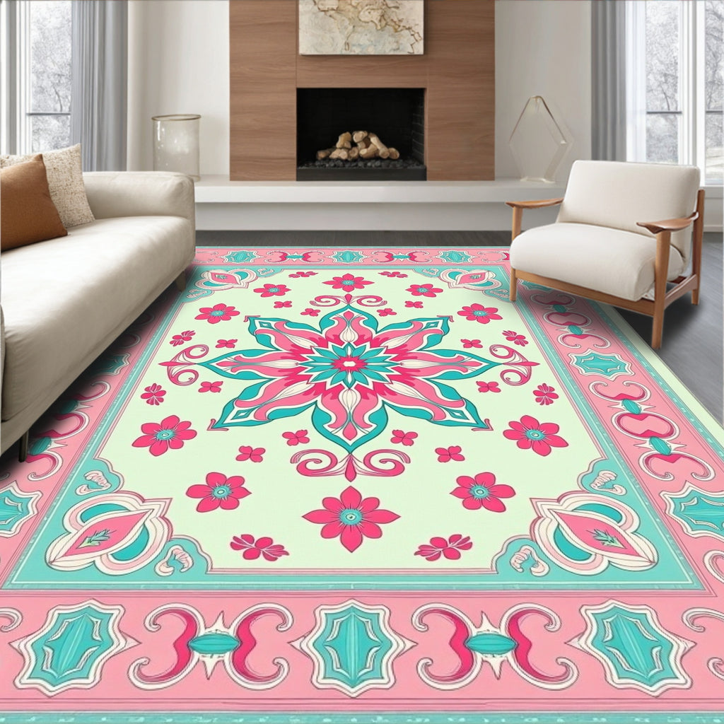 Floral Mandala with Geometric Border Rug