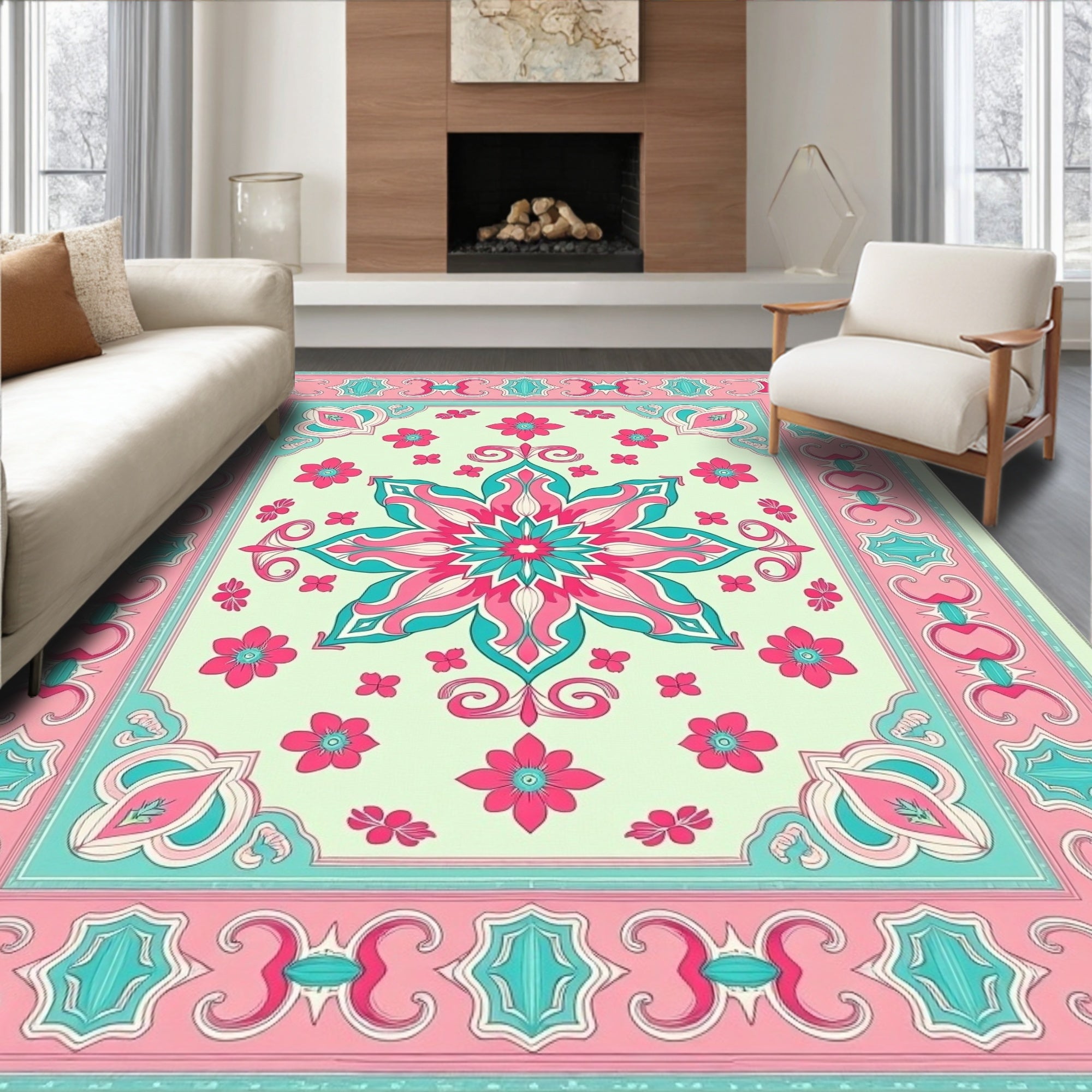 Floral Mandala with Geometric Border Rug