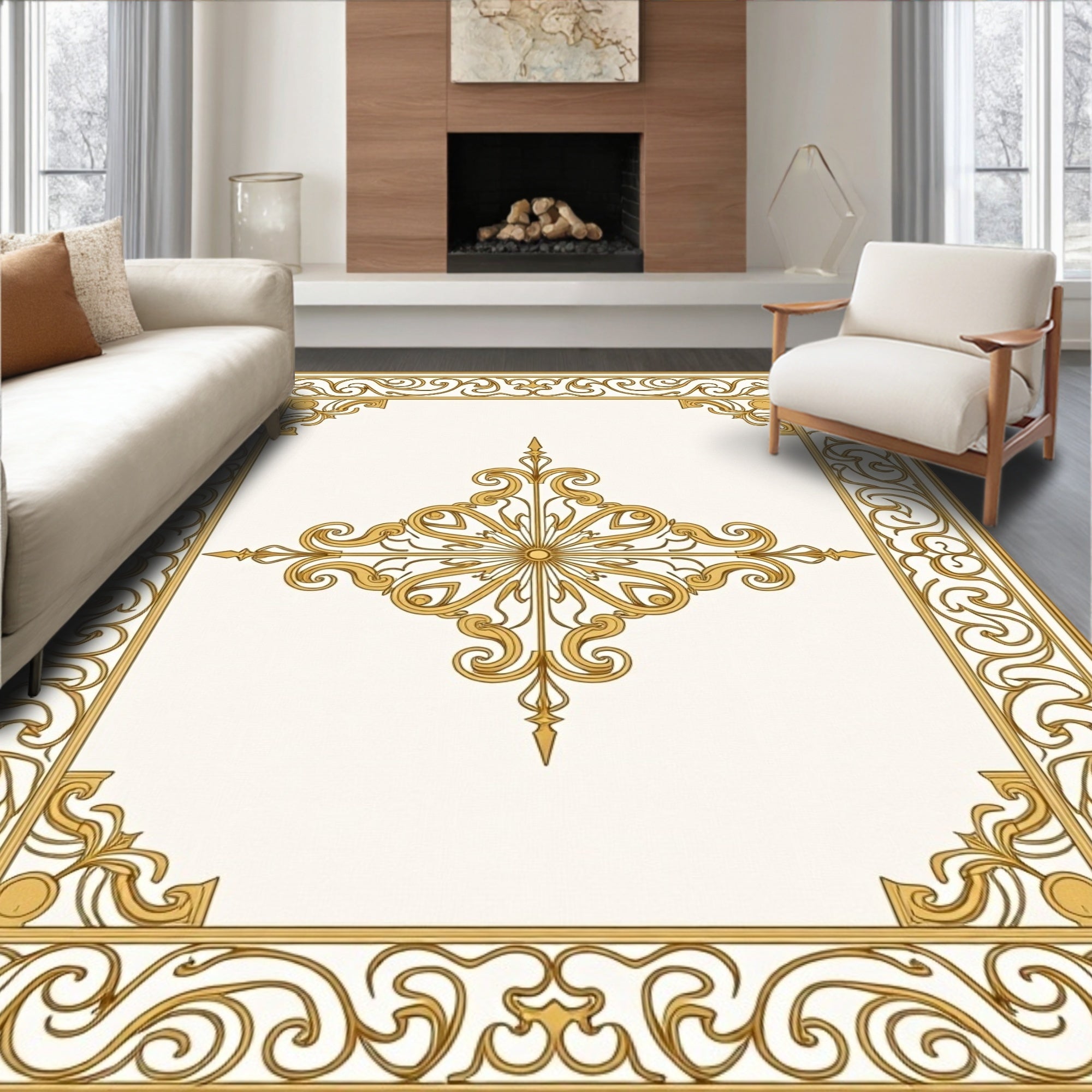 Elegant Gold Scrollwork Filigree Pattern Rug