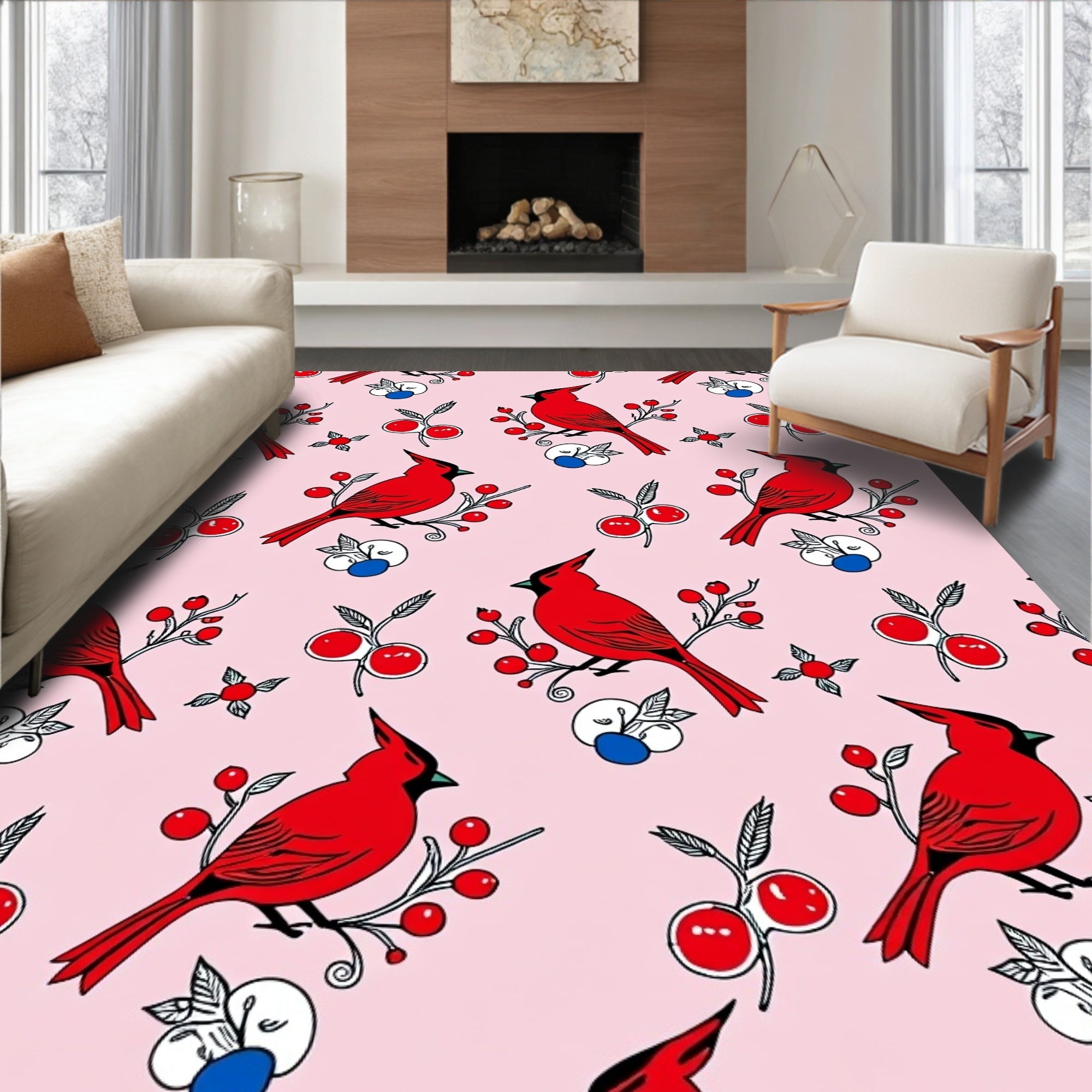 Whimsical Red Cardinal Berry Garland Rug