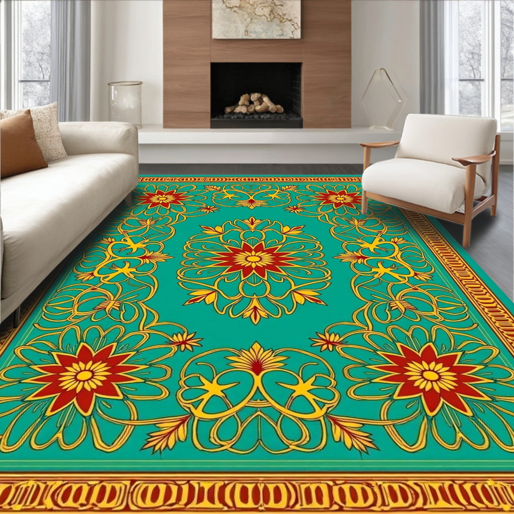 Teal Red Gold Floral Medallion Rug