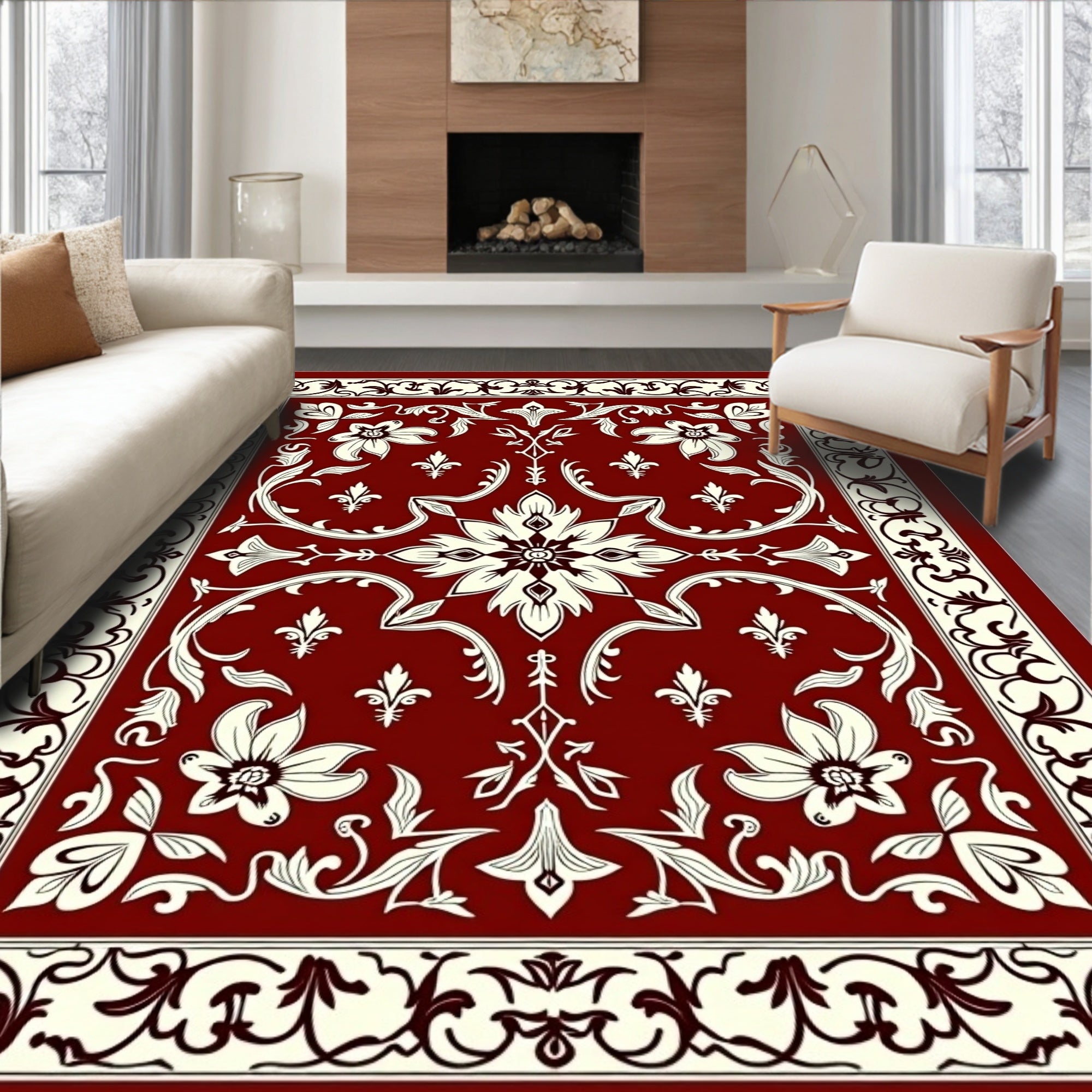 Rich Red Floral Scrollwork Garden Rug