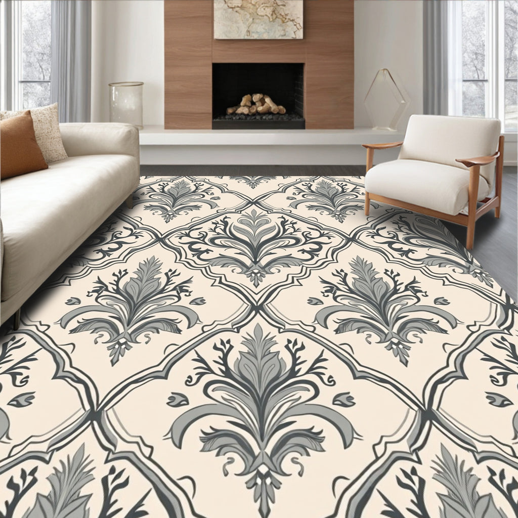Timeless Grey Floral Damask Pattern Rug