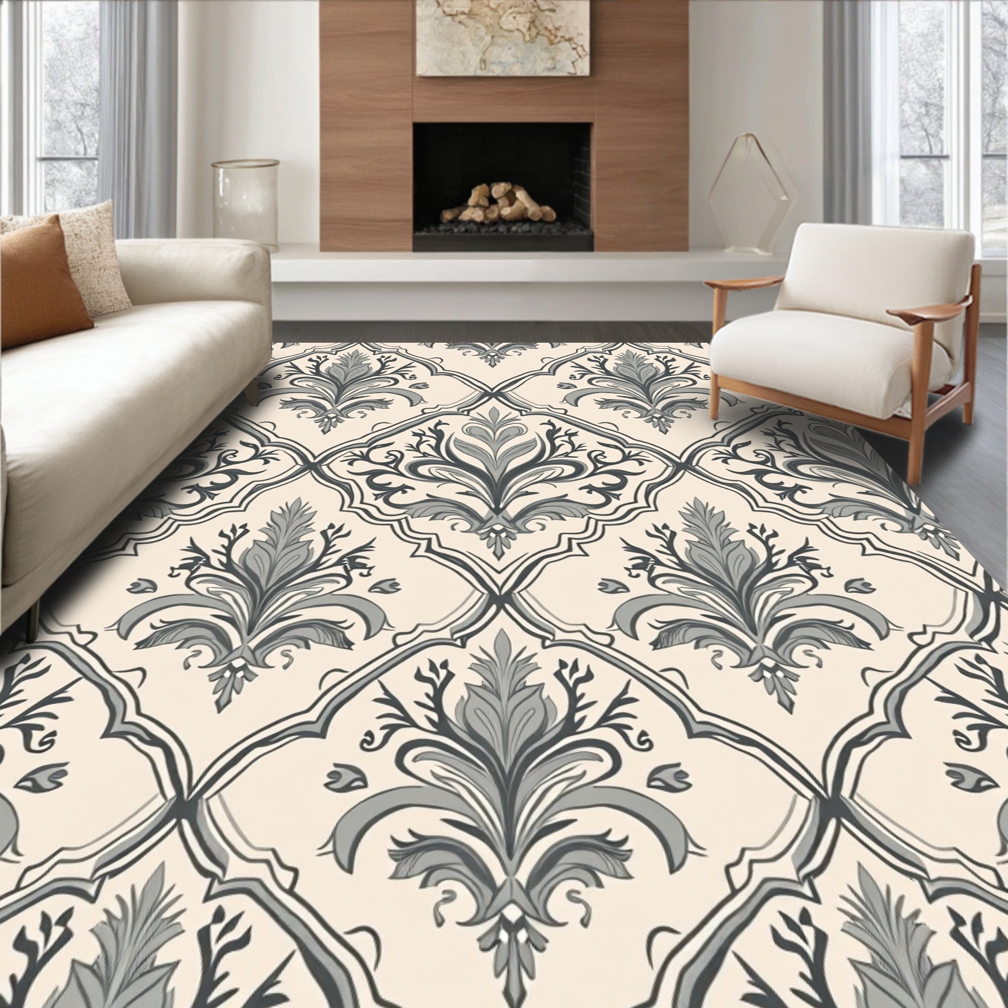 Timeless Grey Floral Damask Pattern Rug