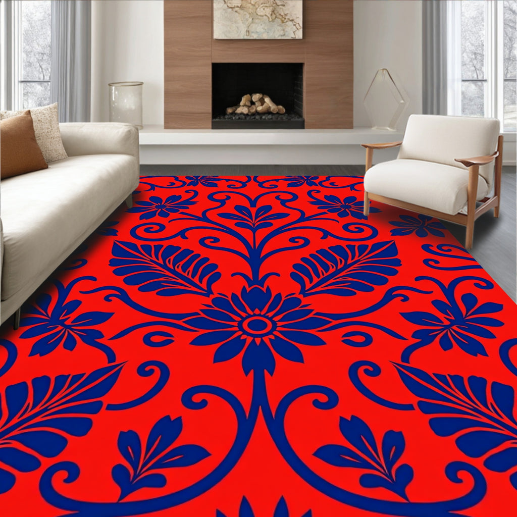 Vibrant Blue Floral Vine Pattern Rug
