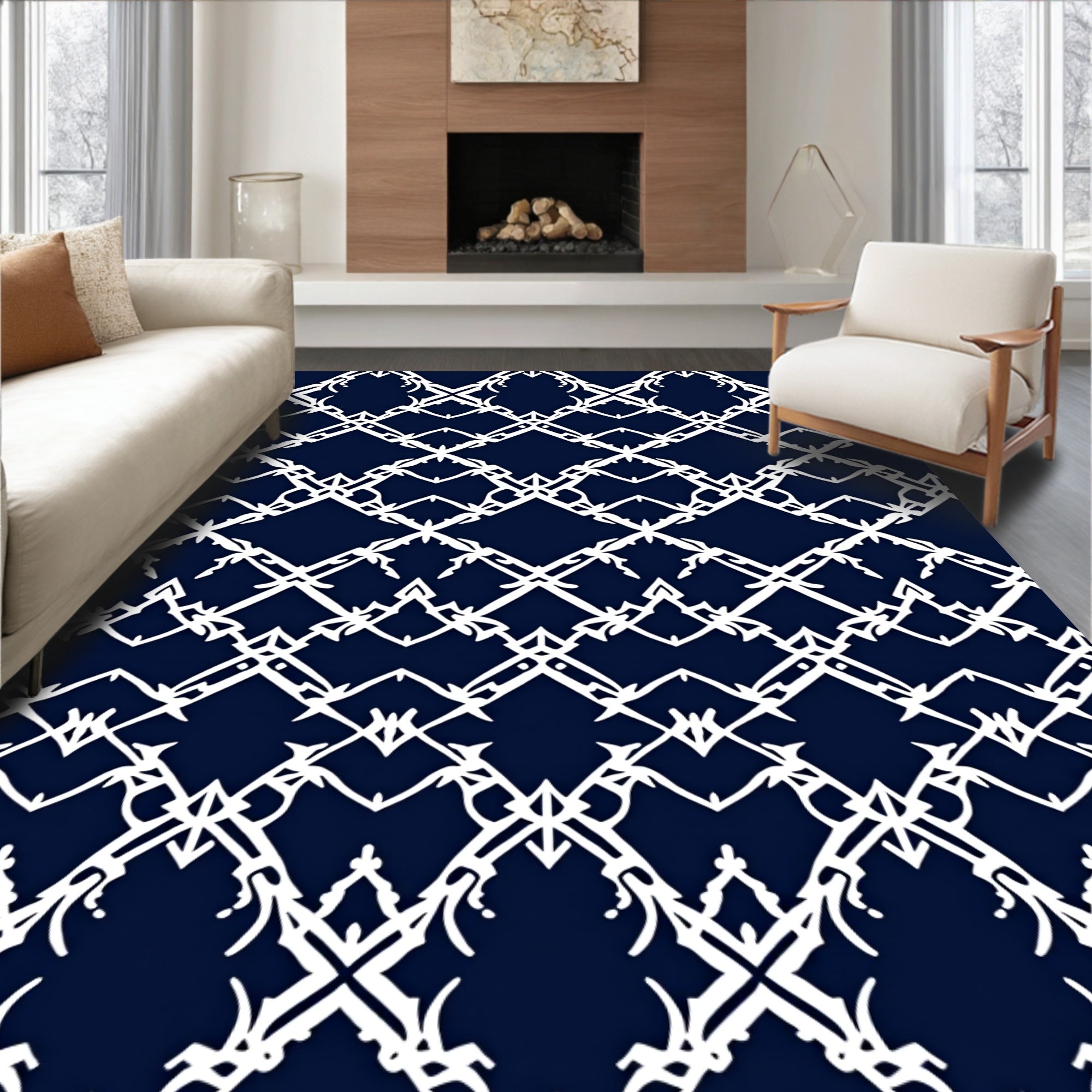 Crisp White Lattice Pattern Rug