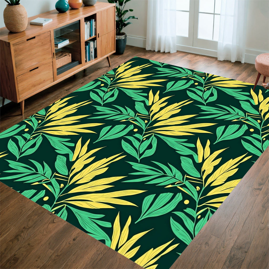 Tropical Leaf Patterned Botanical Design Rug