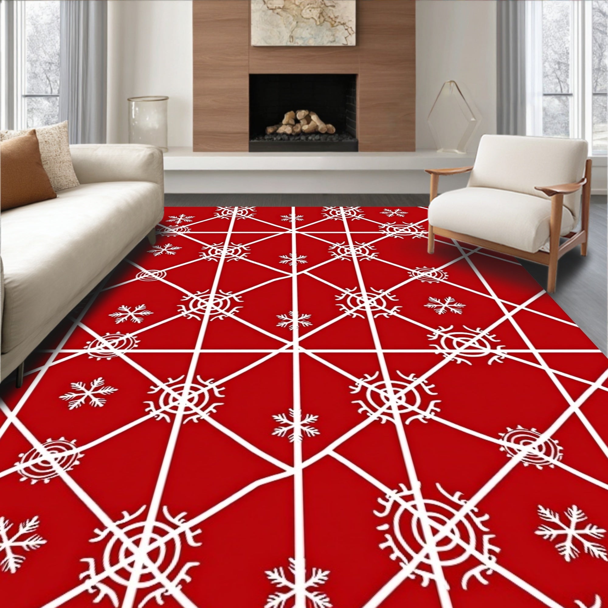 Red and White Snowflake Geometric Rug