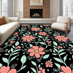 Coral Floral Patterned Black Rug